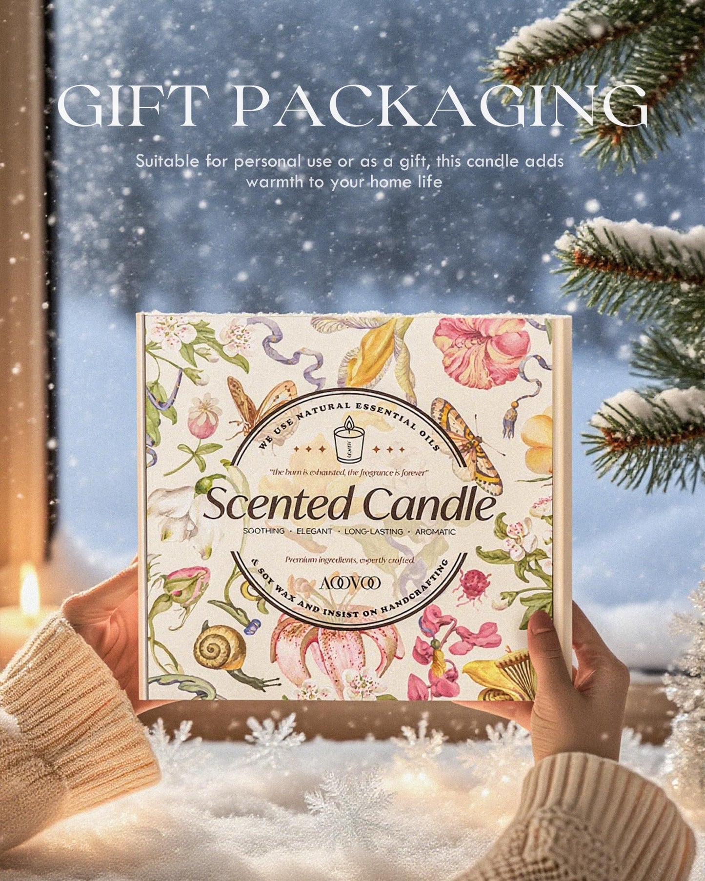 AOOVOO Holiday Candles Set for Women - 4 Pack Candles for Home Scented, Aromatherapy Candle with Crystals, 28 oz 200 Hour Long Lasting Candle, Winter Fragrance of Cedar, Fir, Hot Cocoa, Vanilla Cake