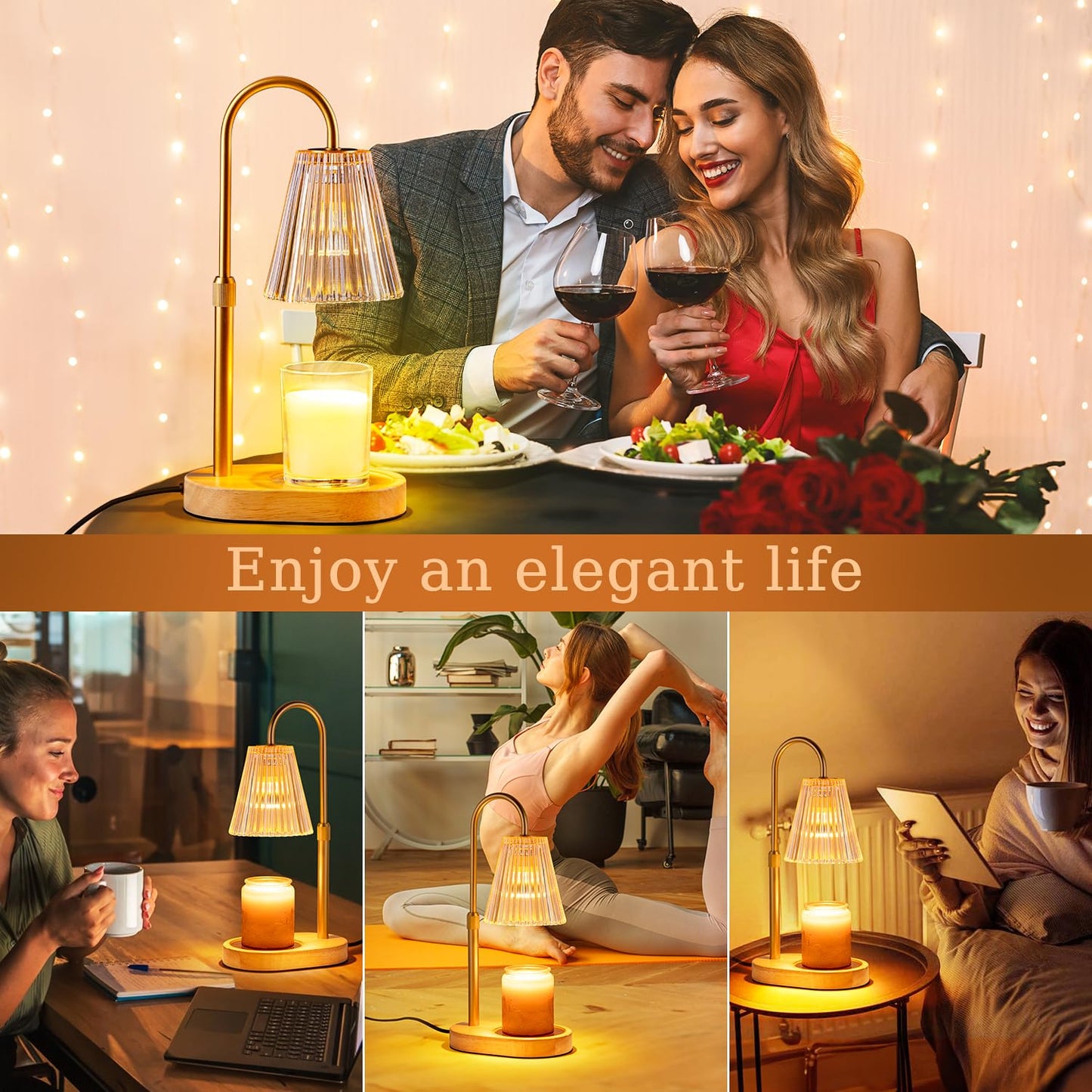 Candle Warmer Lamp with Timer - Electric Candles Wax Warmers Glass Lamps for Jar Candles Burner Adjustable Height and Dimmable Light Modern No Flame Scented Candle Warming Lantern, Amber