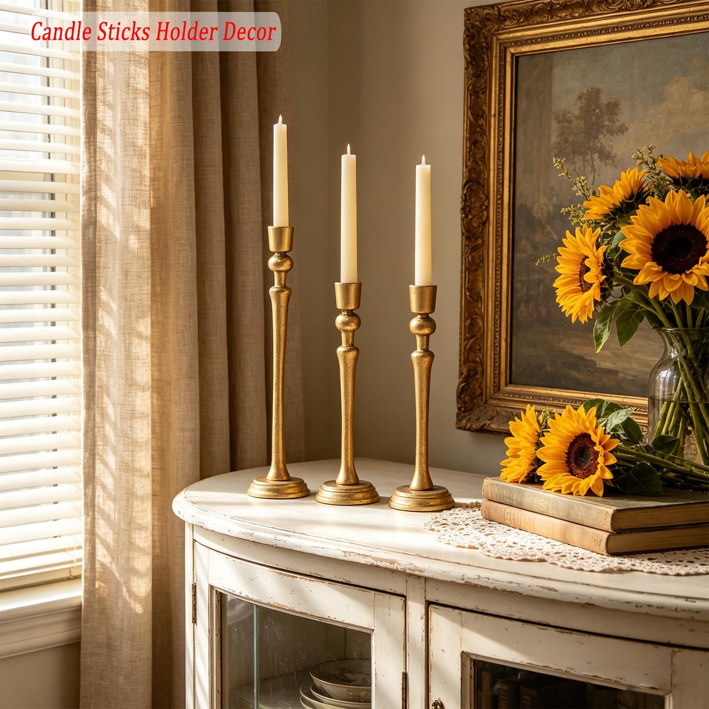 Wenbery Gold Candlestick Holders Set of 3, Heavy Cast Iron Candle Holder for Table Centerpiece, Antique Brass Finish