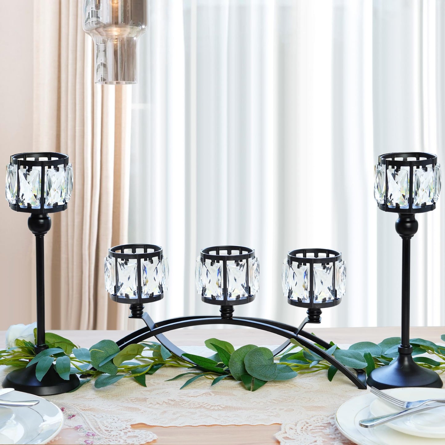 3 Arms Crystal Bowl Tealight Candelabra Votive Candle Stand, Wedding centerpieces for Tables Crystal Candlestick,Centerpiece Table Decorations (Set of Black)