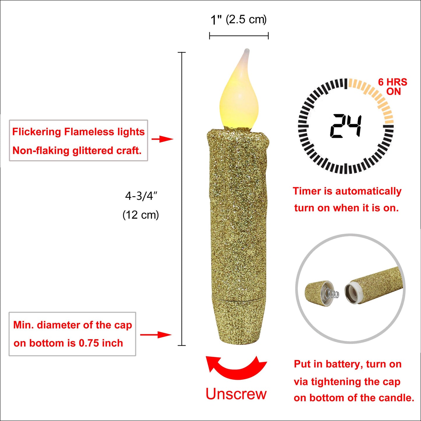 CVHOMEDECO. Glitter Flameless Candles Flickering Battery Operated LED Taper Candles with Timer for Home, Wedding, Halloween, Christmas Decor. Gold, 4-3/4 Inch, Set of 6