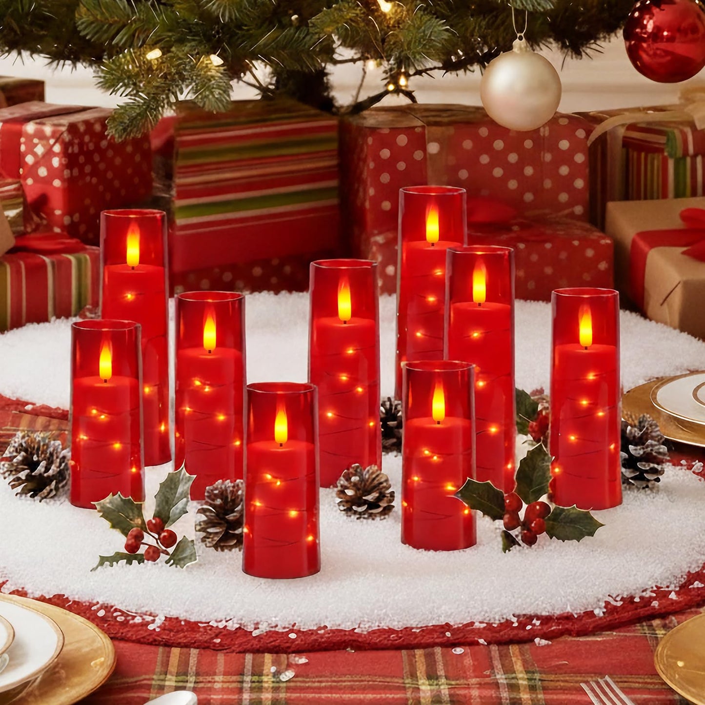 Raycare Independence Day Flameless Candle with Remote Timer – 9 Flickering Acrylic Battery Operated LED Pillar Candles with Embedded Star String for 4th of July Home Patriotic Decor, as a Gift (Red)