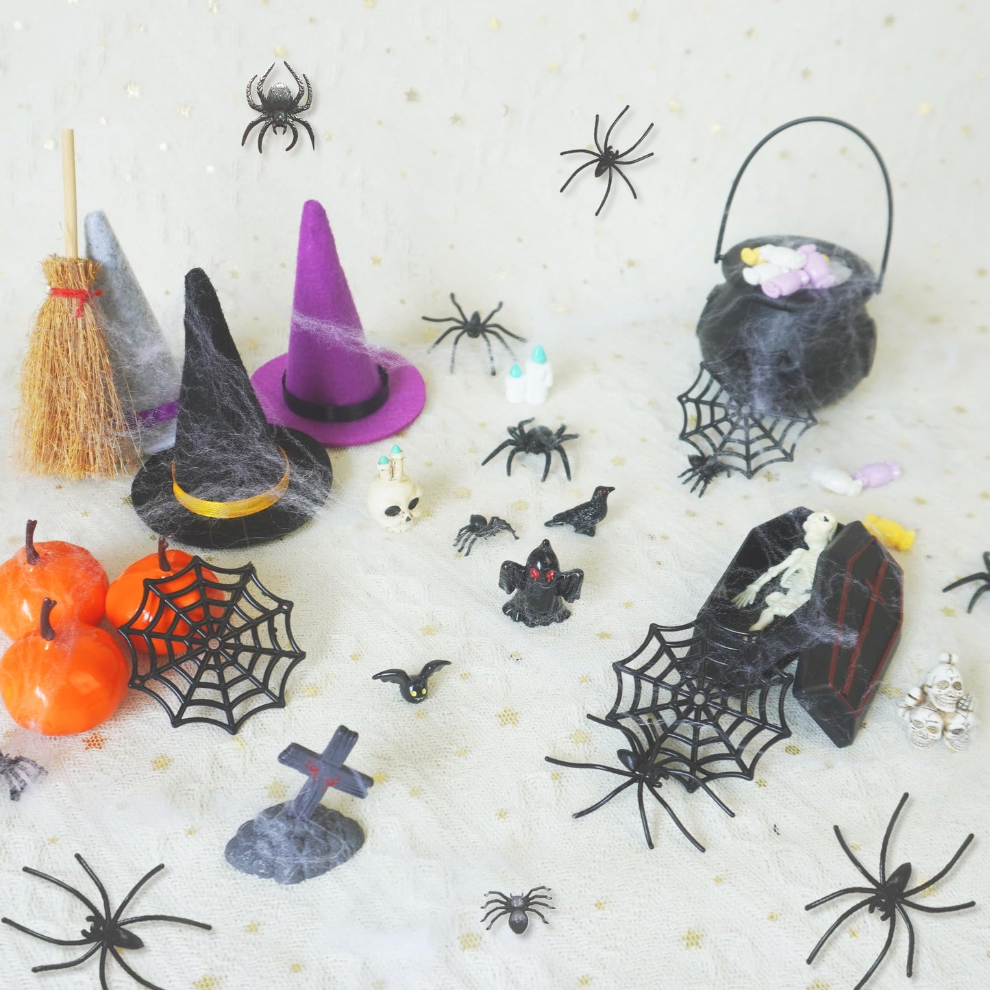 ZXSWEET Halloween Village Ornaments Accessories Desktop Decorations Witch Hat Coffin Skeleton Spider Pumpkin for Halloween Party Tabletop Decoration Supplies