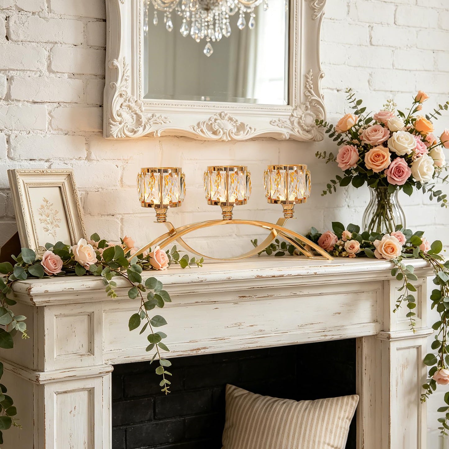 KEHAIL 3 Arms Crystal Candle Holders, Arch Candlestick Table Candelabras Centerpieces for Wedding, Dinning Room, Cabinet Ornaments, Home Decoration, Gift (3-arm Arched, Gold)
