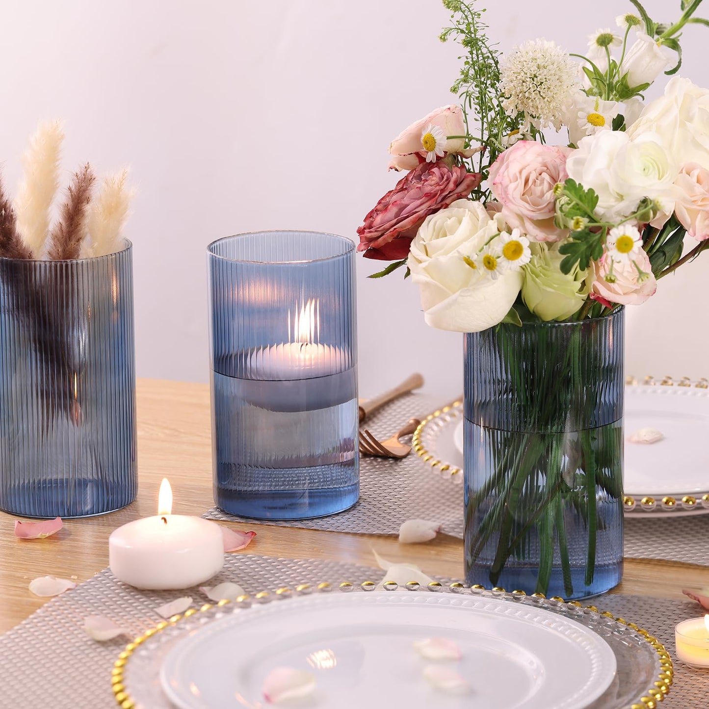 30pcs Blue Votive Candle Holders and 6pcs Blue Glass Cylinder Vases