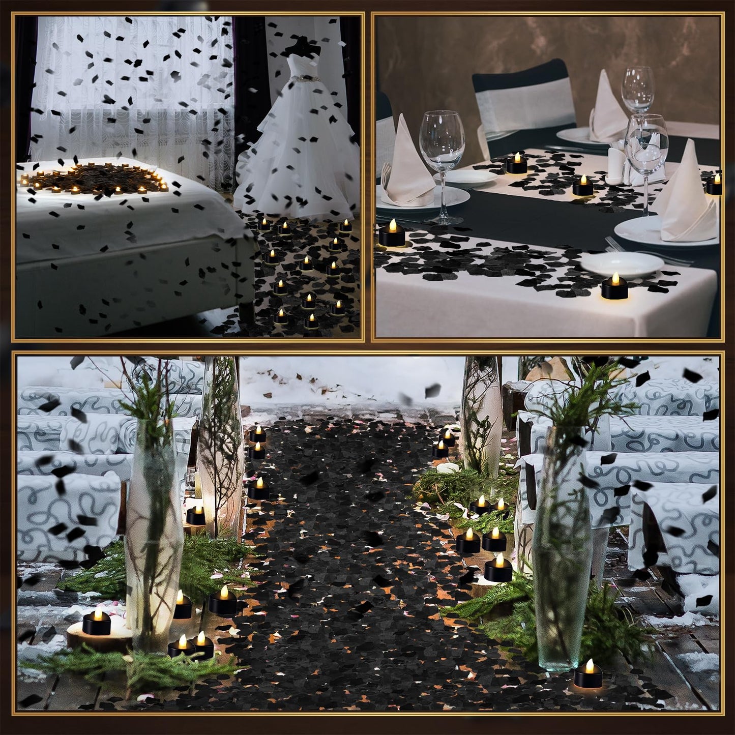 Coume 6000 Pieces Artificial Rose Petal 72 Pieces LED Tealights Candle, Romantic Decorations Special Night Rose Petal Heart Candle for Valentines Wedding Anniversary Proposal Decor(Balck)