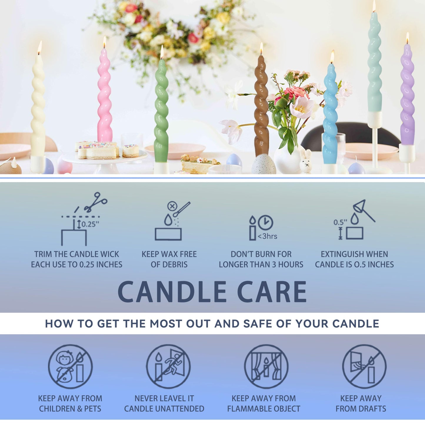7.5 Inch Twisted Taper Candle 4 PCS Unscented Spiral Candle Smokeless Gradient Blue Candlesticks for Home Dinner Wedding Party Decoration