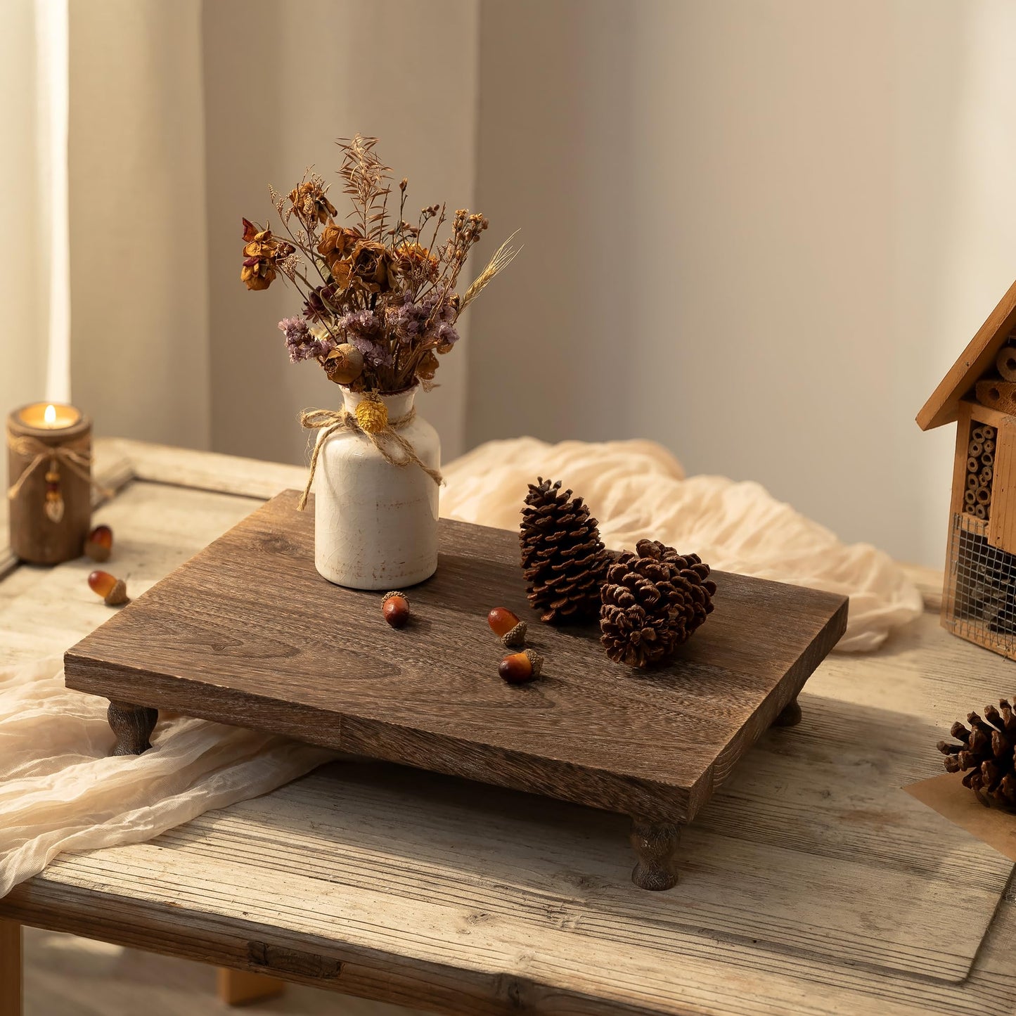 Hanobe Wooden Riser Decorative Tray: Farmhouse Wood Pedestal Display Stand - Rustic Brown Coffee Table Decor for Kitchen Dining Home Decor, Short & Tall Footed