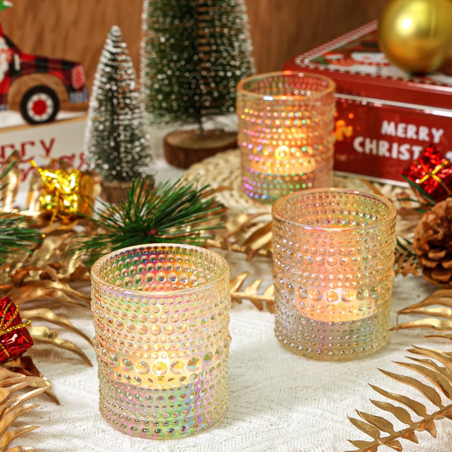 SUPMIND 24 Pcs Votive Candle Holders, Glass Holders Bulk for Table Centerpiece, Tea Lights Candle Holders for Wedding Shower, Party and Home Decor Iridescent