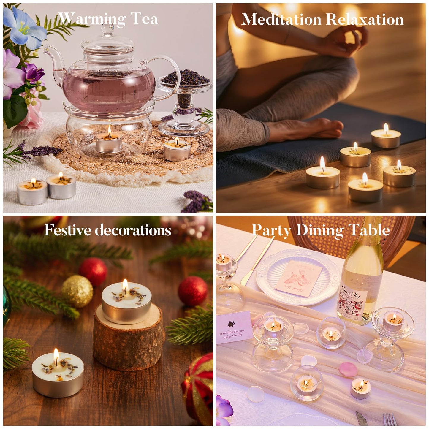 16 Pack Lavender Tealight Candles with Real Dried Petals, Natural Soy Wax, 6-Hour Burn Time for Home, Wedding, Bath Decor