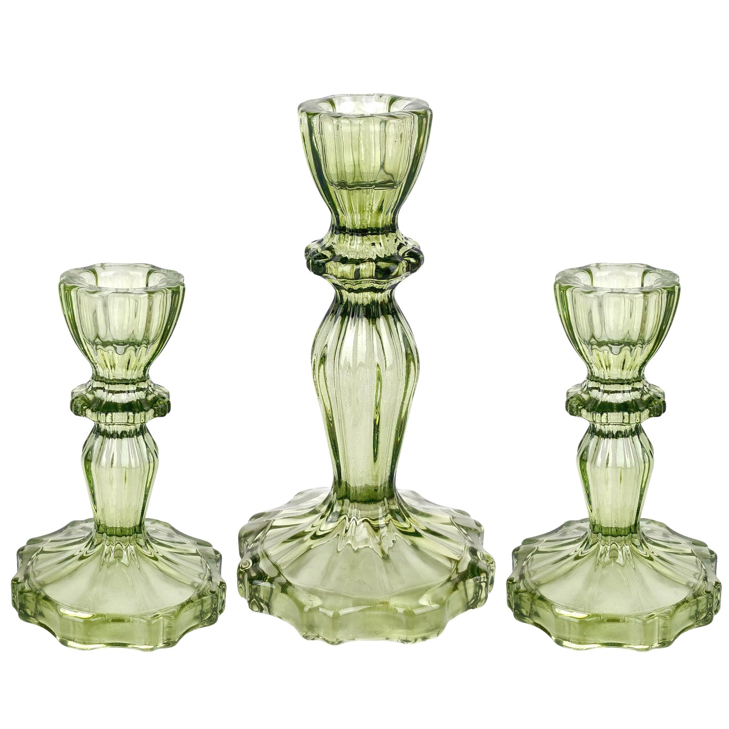 CHOCSTAY Glass Candlestick Holders Set of 3, Green Stripe Taper Candle Holders for Table Centerpiece, Home Decorations, Wedding and Party