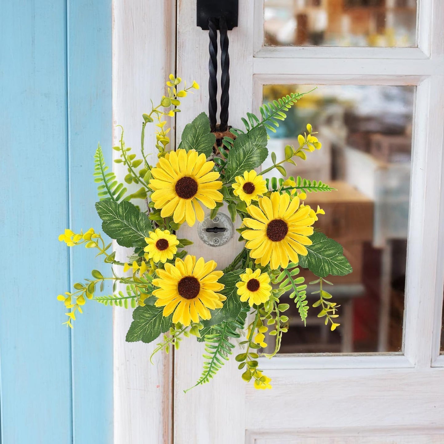 6Pcs Sunflower Wreath for Front Door Artificial Sunflower Spring Summer Table Centerpieces Wreath Fake Yellow Floral Candle Rings Wreaths for Pillars Cabinets Wedding Table Home Décor