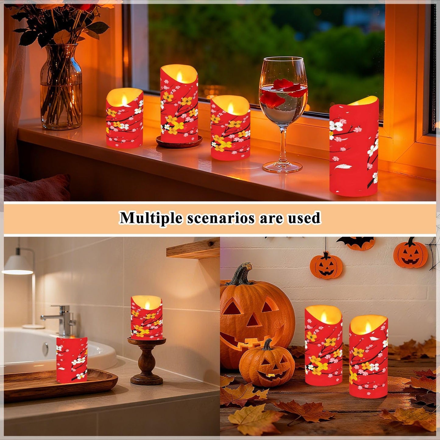 ALAZA Red Cherry Blossom Japanese01 Flickering Flameless Candles Battery Operated with Remote Timer,Tea Light Candles LED Pillar Votive Set of 2 for Outdoor Indoor Decorations 3" x5.9"