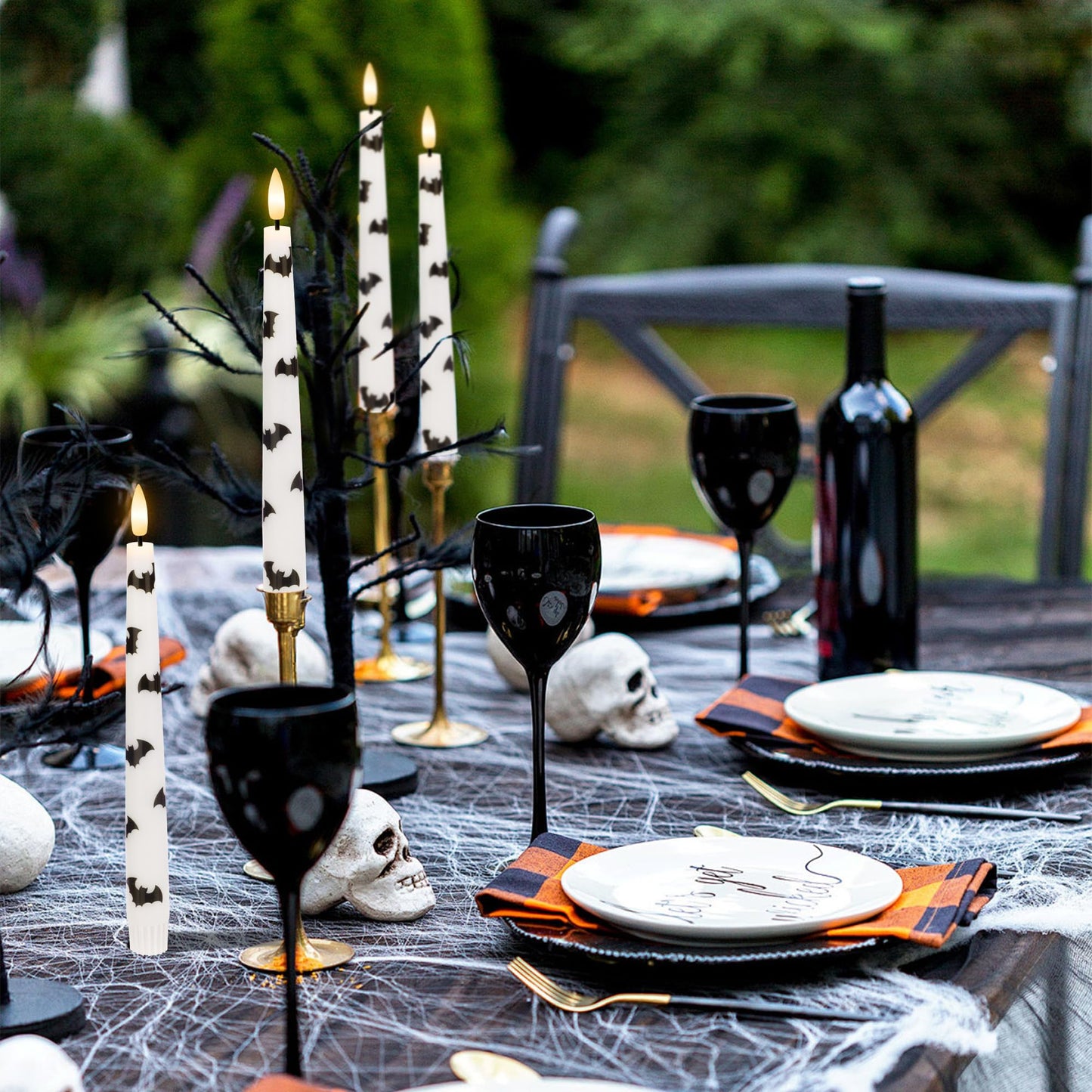 AFINETH Halloween Taper Candles with Bats, 9.6โReal Wax Flameless Taper Candles with Remote & Timer, 3 Pack Battery Operated Halloween Led Candlesticks for Party Home Decor