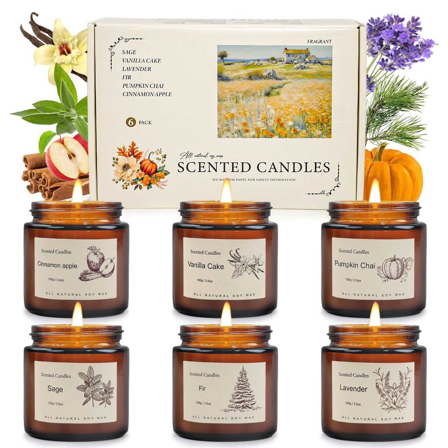 6-Pack Jar Scented Candles for Home Scented - Home Decorative Candles Gift Set, 3.5oz Soy Wax Candles for Living Room, Bathroom, Kitchen, Housewarming Gifts & Birthday Presents