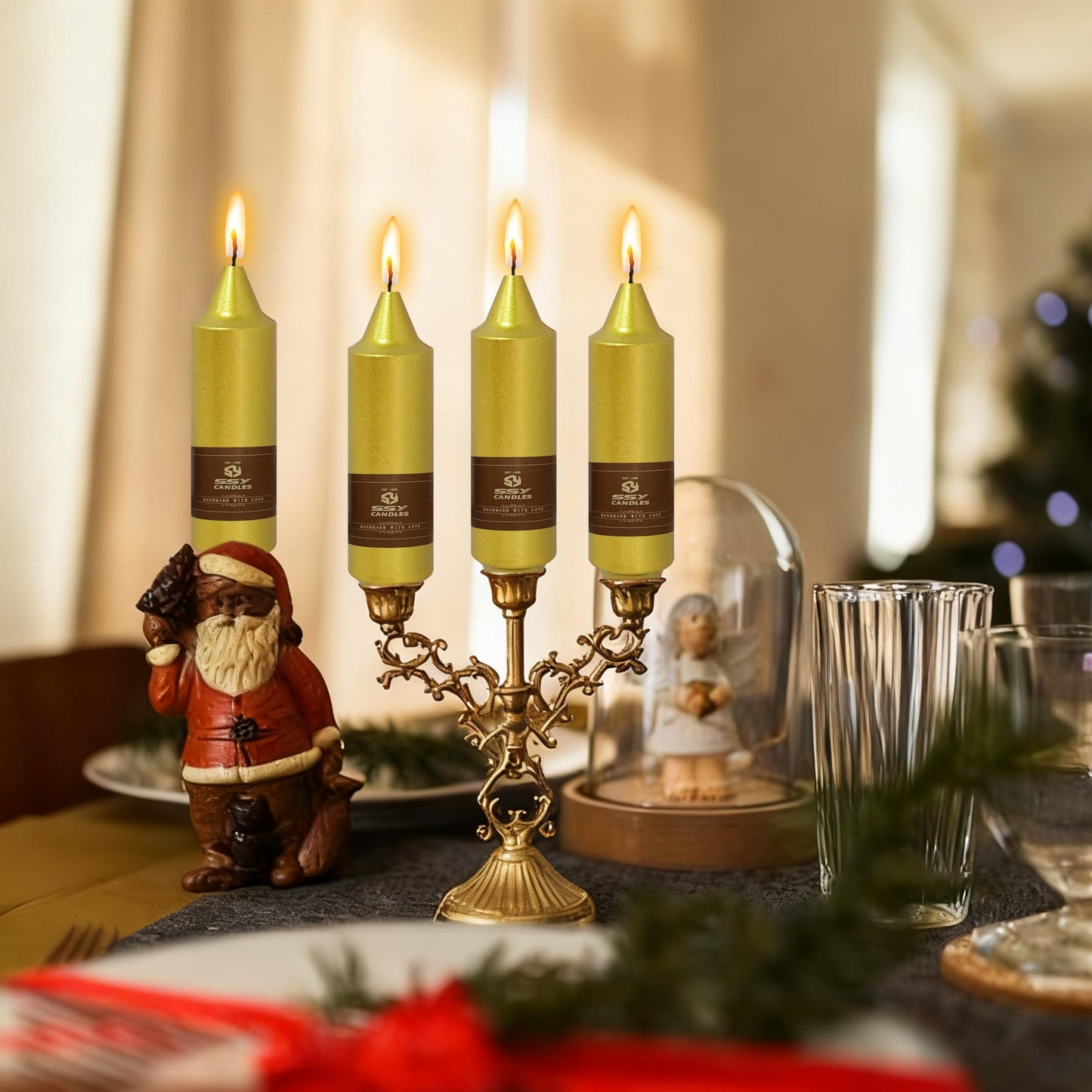 Christmas Metallic Gold Candle 5 Inch Short Smokeless Taper Candles 4 Pack Unscented Dinner Candle for Christmas Dinner