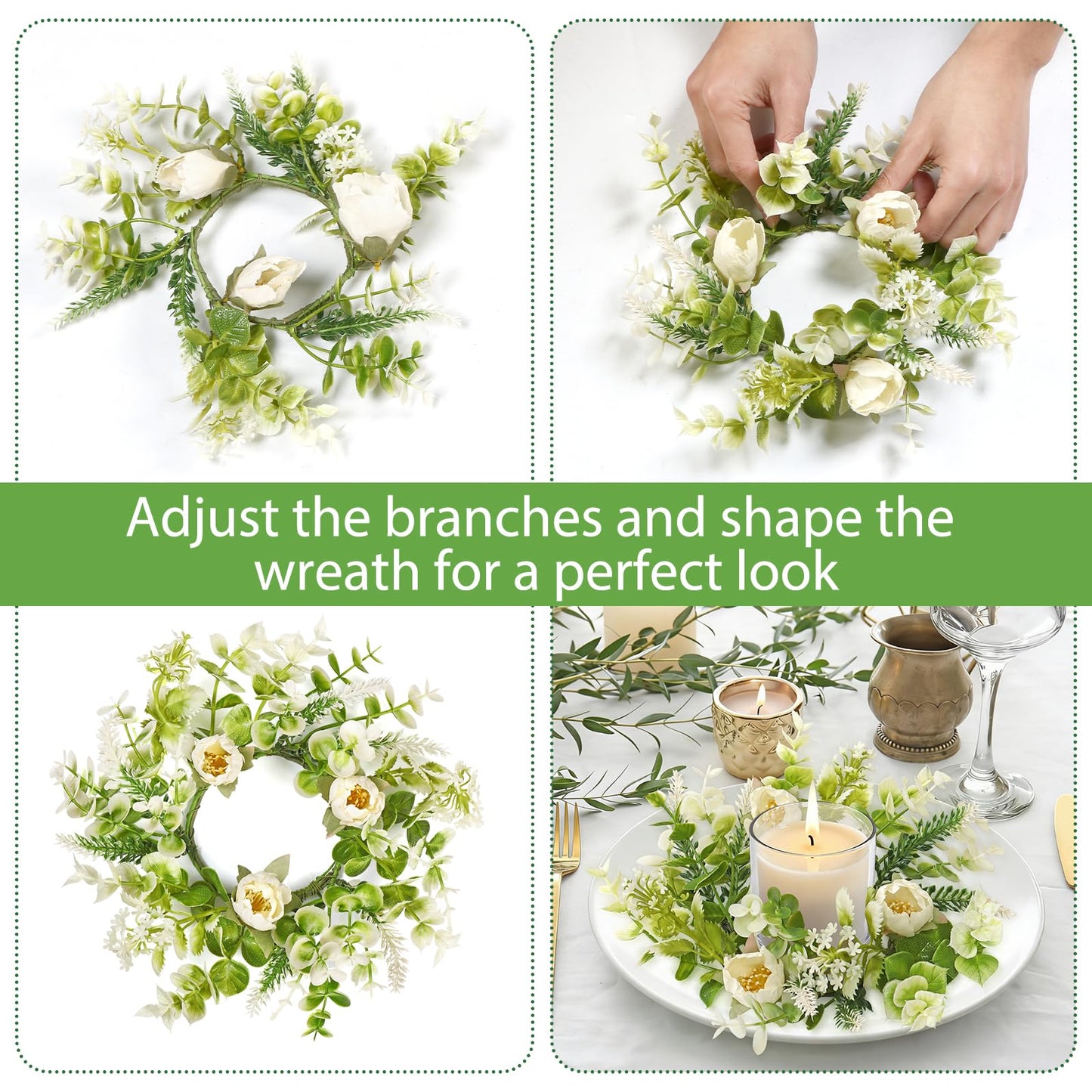 KHOYIME Floral Candle Rings Wreath 4PCS Small Spring Summer White Artificial Flowers Greenery Wreaths for Pillars, Mini Candle Holder Kitchen Cabinets Table Centerpieces Wedding Party Farmhouse Decor