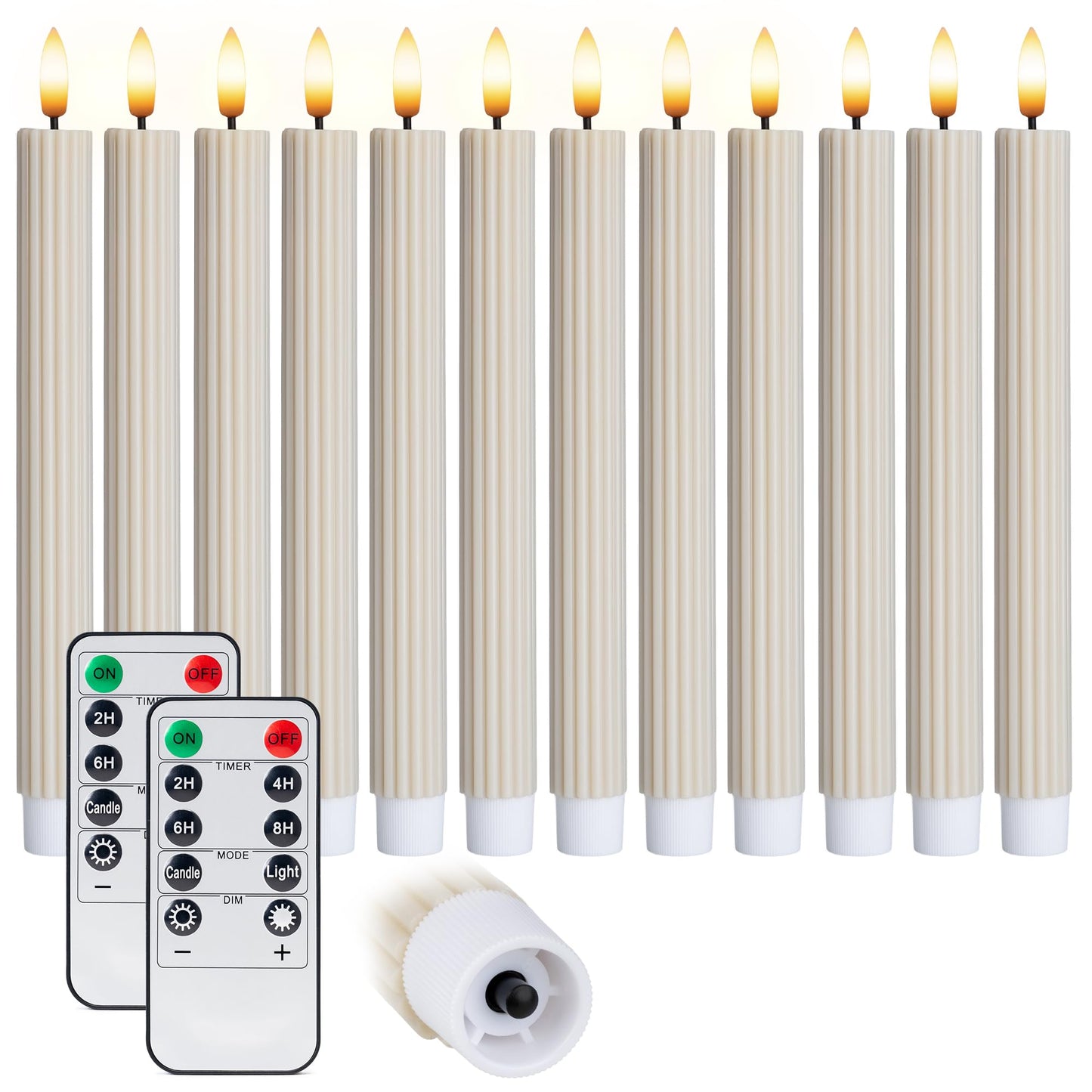 West Ivory 12 Pack, 10" LED Flameless Cream Beige Fluted Ribbed Grooved Taper Candles, Remote & 24h Timer Memory, On/Off Button, Dimmable, Flicker Mode, Battery Operated, Christmas Menorah Wedding