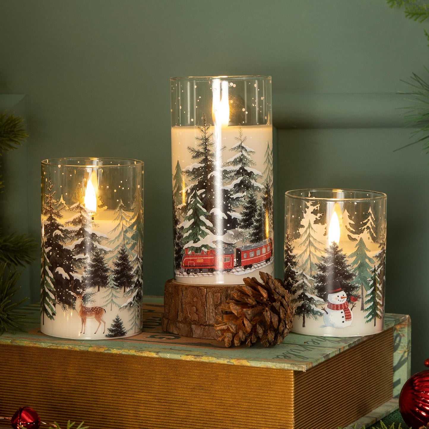 LUSHARBOR LUSHABOR Christmas Flameless Candles, 3 Pack Battery Operated Candles for Christmas Mantel Decor, Glass LED Flickering Candles Home Xmas Party Holiday D3 H4 5" 6", Trees