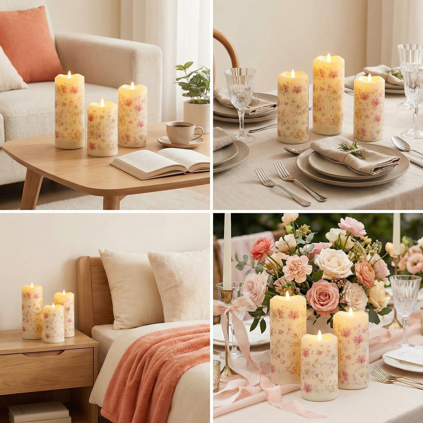 Eywamage Fiber Optic Flameless Pillar Candles with Remote, Floral Butterfly Spring LED Candles Flickering Home Decor Gift Set of 3