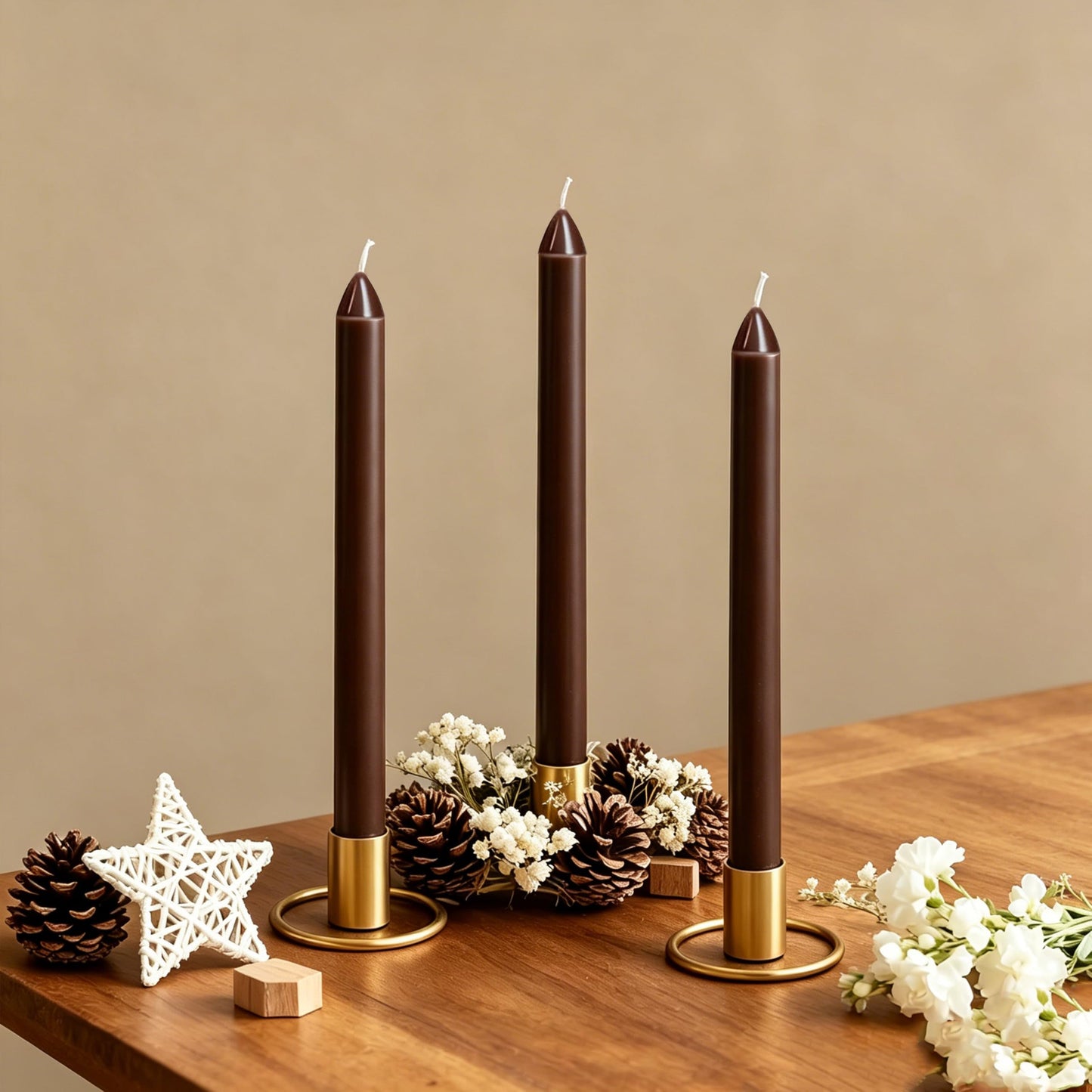 Everymoment Mocha Brown Taper Candles - 12 Pack 10 Inch Unscented Dripless & Smokeless Candlesticks - 8 Hours Tall Candle Sticks - Perfect for Wedding Romantic Dinner Holiday Party Home Decor