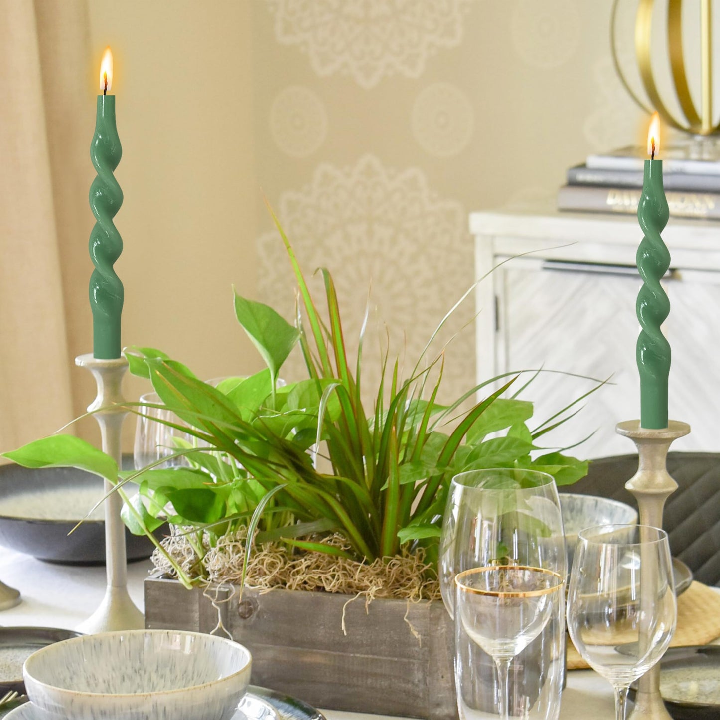 10 Inch Spiral Taper Candles Candlesticks Handmade Set of 4 Unscented Long Candlesticks Tapered Candles Twisted Candle for Wedding Yoga Home Decoration(Green)