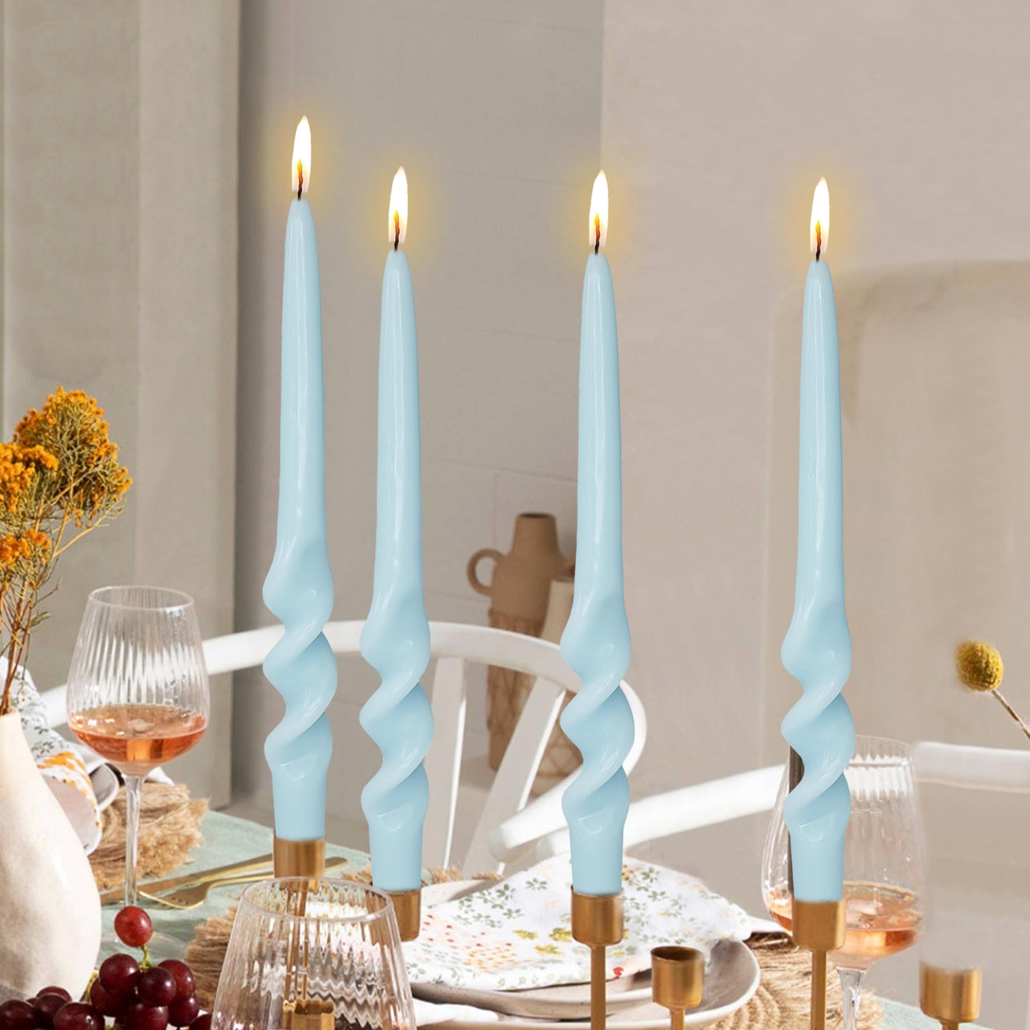 Blue Spiral Taper Candle Unscented Long Candle Twisted Candlesticks for Wedding Party Dinner Home Decoration