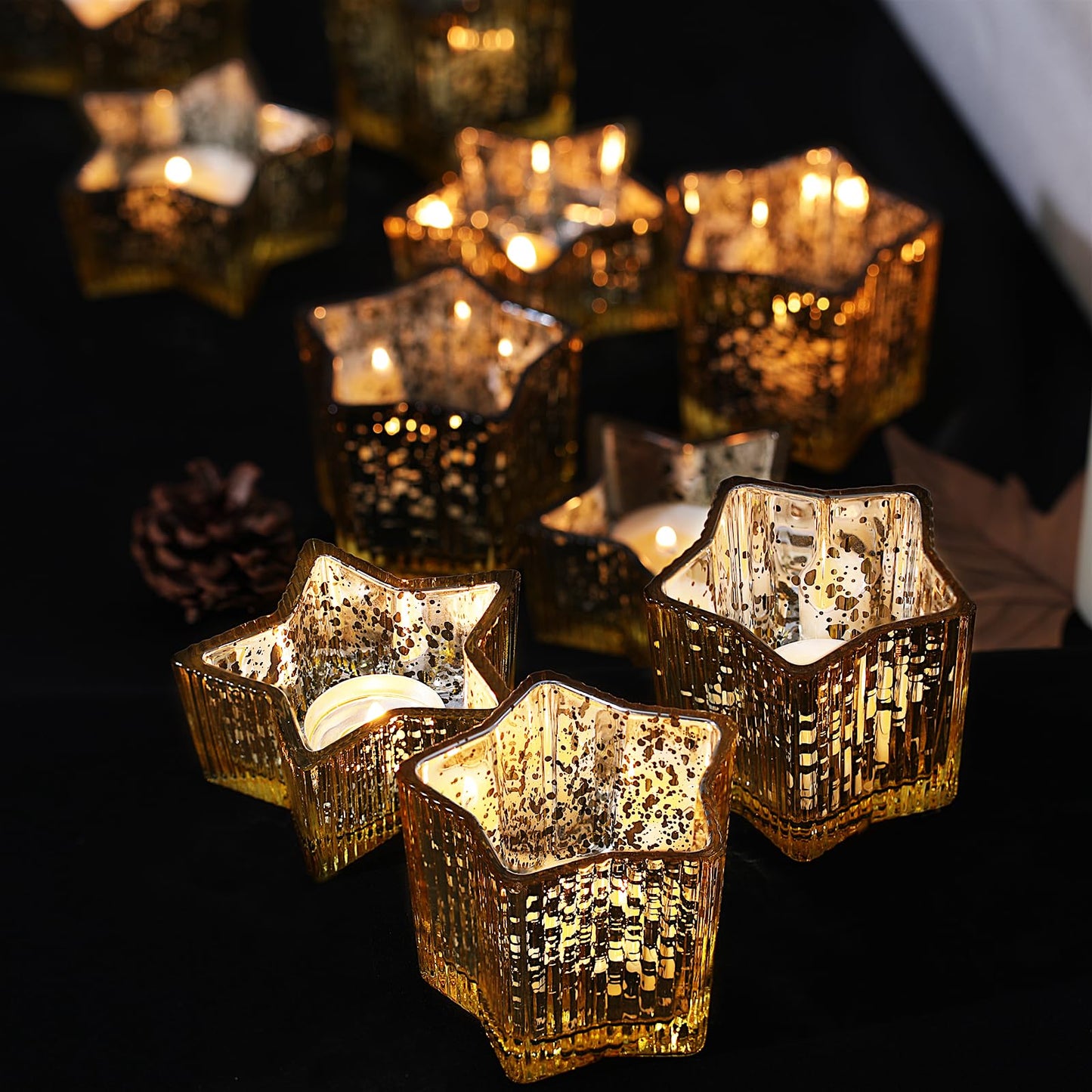 Letine 10pcs Gold Ribbed Candle Cups – Assorted Height Tea Light & Votive Candle Holders for Diwali, Wedding, Table Centerpiece, Fall & Holiday Decor – Lucky Star Jar (Tall 2.44", Short 1.57")