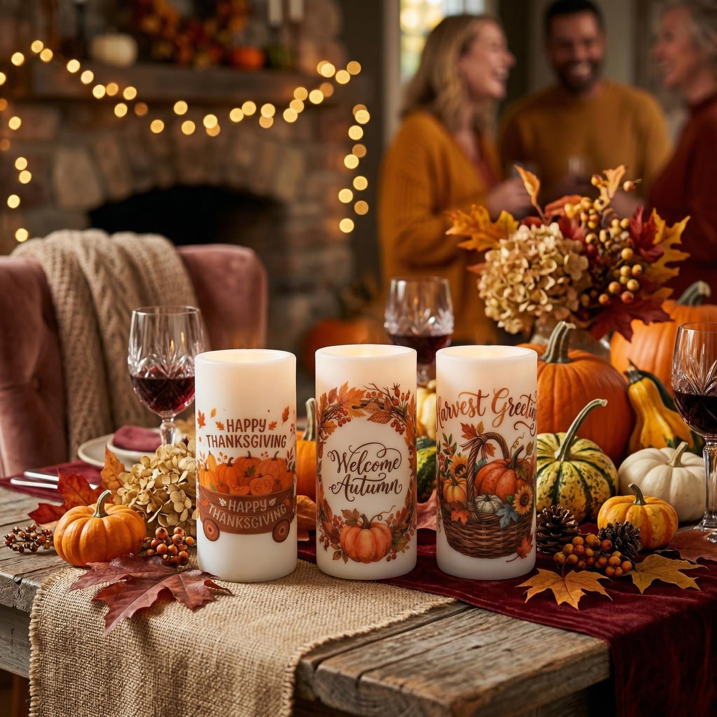 Aulaygo 3PCS Thanksgiving Flameless LED Candles Pumpkin Fall Decor Candle Lights with Timer Warm White Battery Operated Electric Led Maple Leaf Candle Lights for Fall Party Home Decor