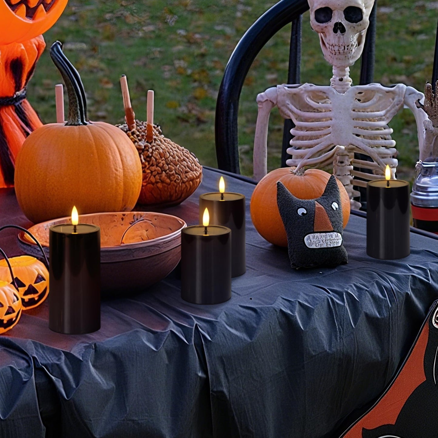 Mavandes Solar Powered Waterproof Flameless Pillar Candles with Candle Grease, Flickering Dusk to Dawn Battery Operated Pack of 4 Black Plastic LED Outdoor Lighting Halloween (3" x 4" 5" 5" 6")