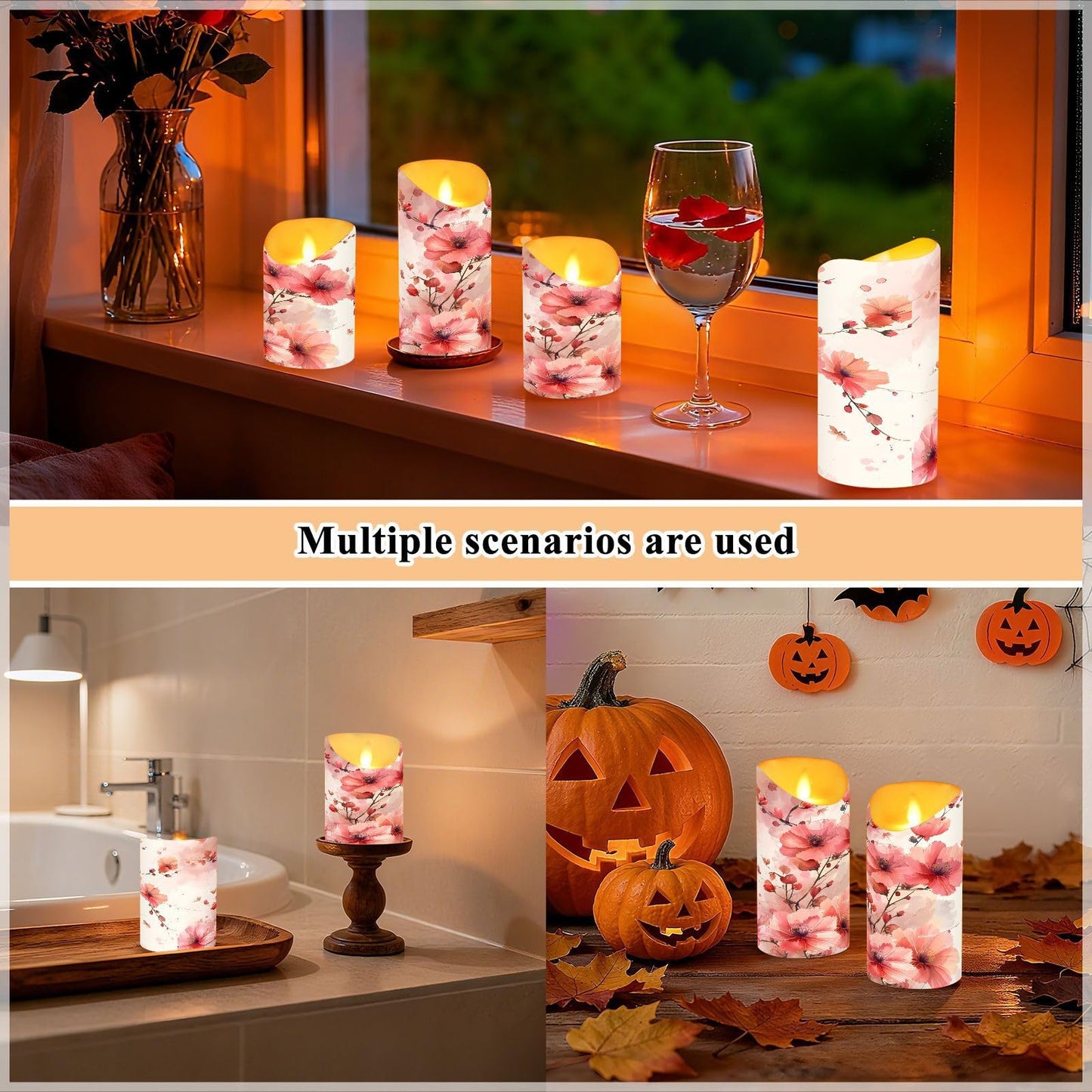 ALAZA Leaves Red White Flower Flickering Flameless Candles Battery Operated with Remote Timer,Tea Light Candles LED Pillar Votive Set of 2 for Outdoor Indoor Decorations 3" x5.9"