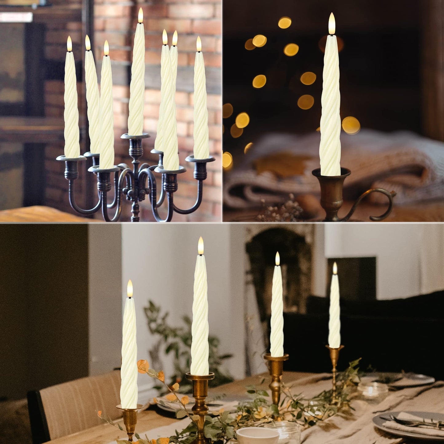 AFINETH Flameless Taper Candles with 3D Wick, 9.6" Real Wax LED Candles with Remote and Timer, 3 Pack Flickering Candlesticks Battery Operated, Spiral Taper Candle for Home, Wedding, Party, Ivory