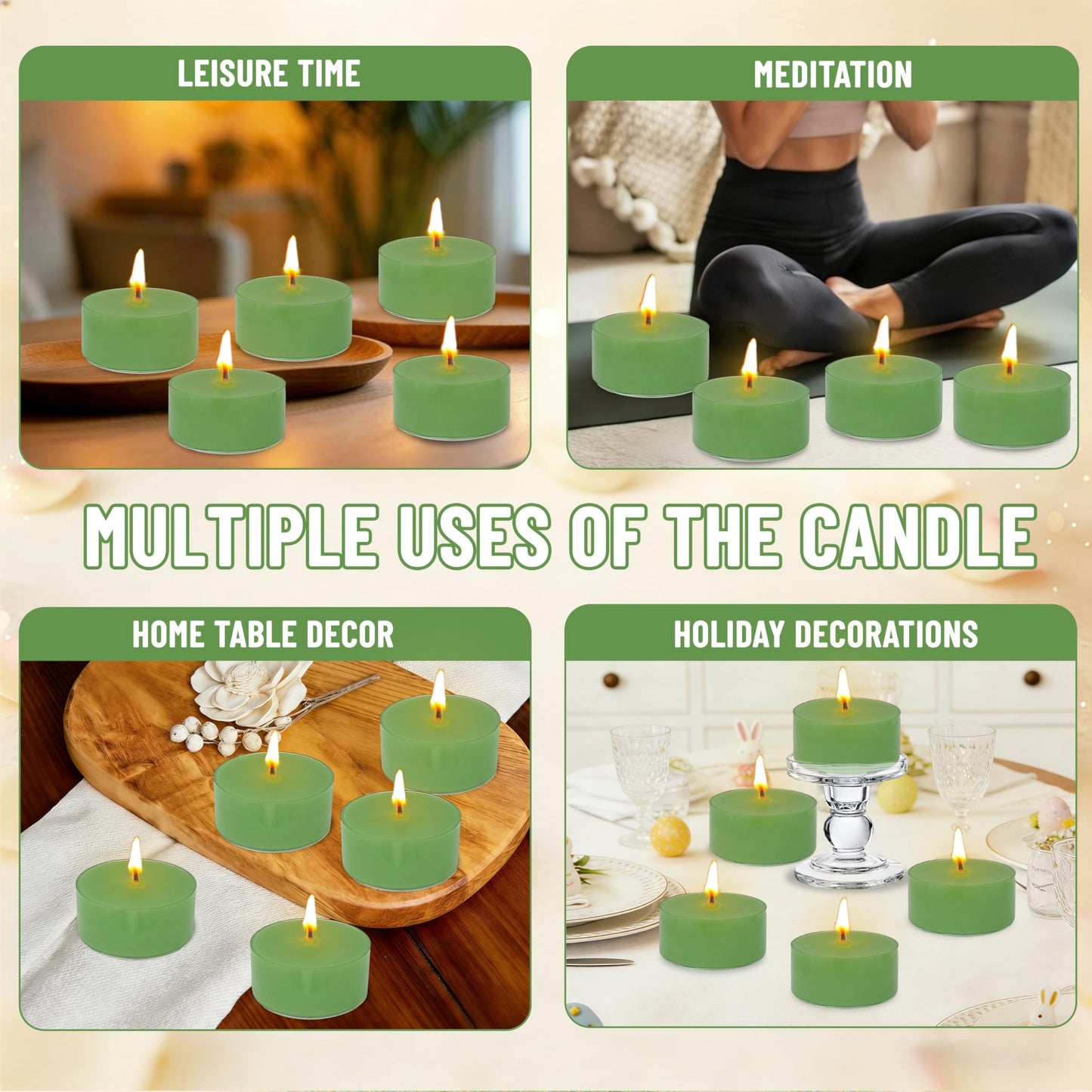 Sage Sea Salt Scented Tea Light Candles 24 Pack Sage Green Hand Poured Smokeless 4 Hours Clean Burning Small Round Clear Cups Tealight Candles for Romantic Dinners Wedding Centerpieces Cozy Evenings