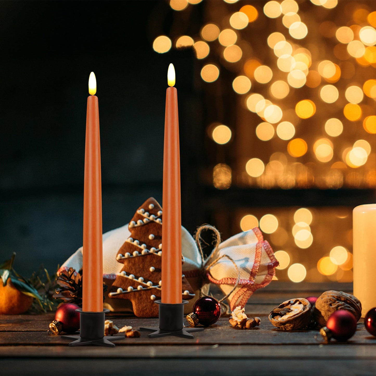 CVHOMEDECO. Flameless Taper Candles with 10-Key Remote, Battery Operated Led Flickering 3D Wick Window Candles Real Wax Finished Home Christmas Party Decor 0.78 x 11 Inch, Pack of 2 (Orange)