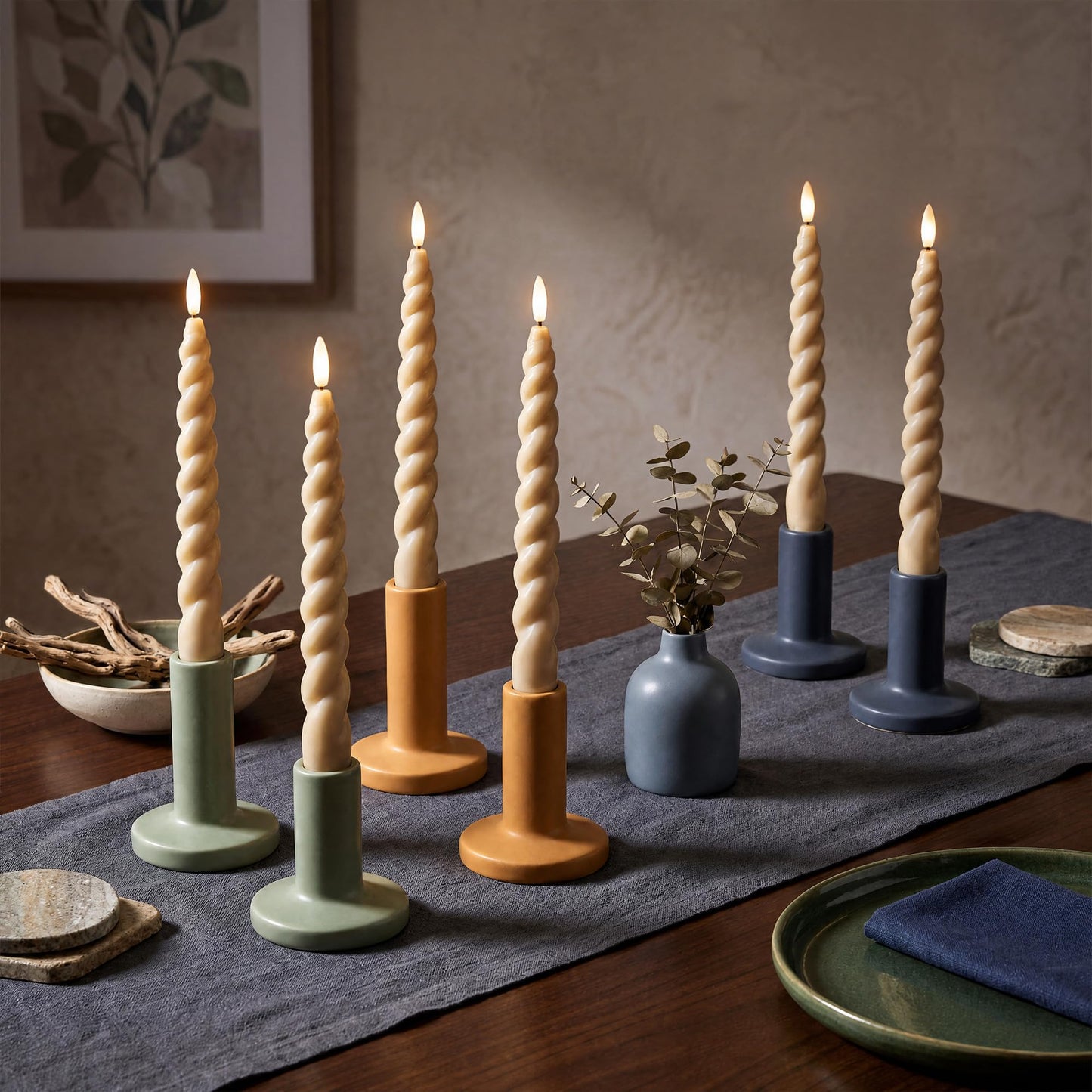 WYZworks 10" Flameless LED Taper Candles – Full Twisted Spiral – Light Tan, Set of 6 – Remote, 2/4/6/8-Hr Timer (24-hr Memory), Bottom On/Off Button, Dimmable, Battery Operated, Flicker/Steady