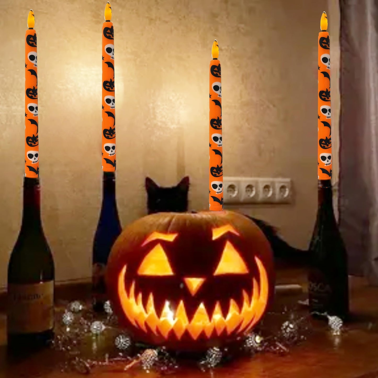 FCMSHAMD 6PCS Halloween Orange Flameless Taper Candles, 11 Inch LED Candlesticks Battery Operated with 11-Key Remote and Timer, 3D Flickering Flame Lights for Wedding Party Home Decor Gifts