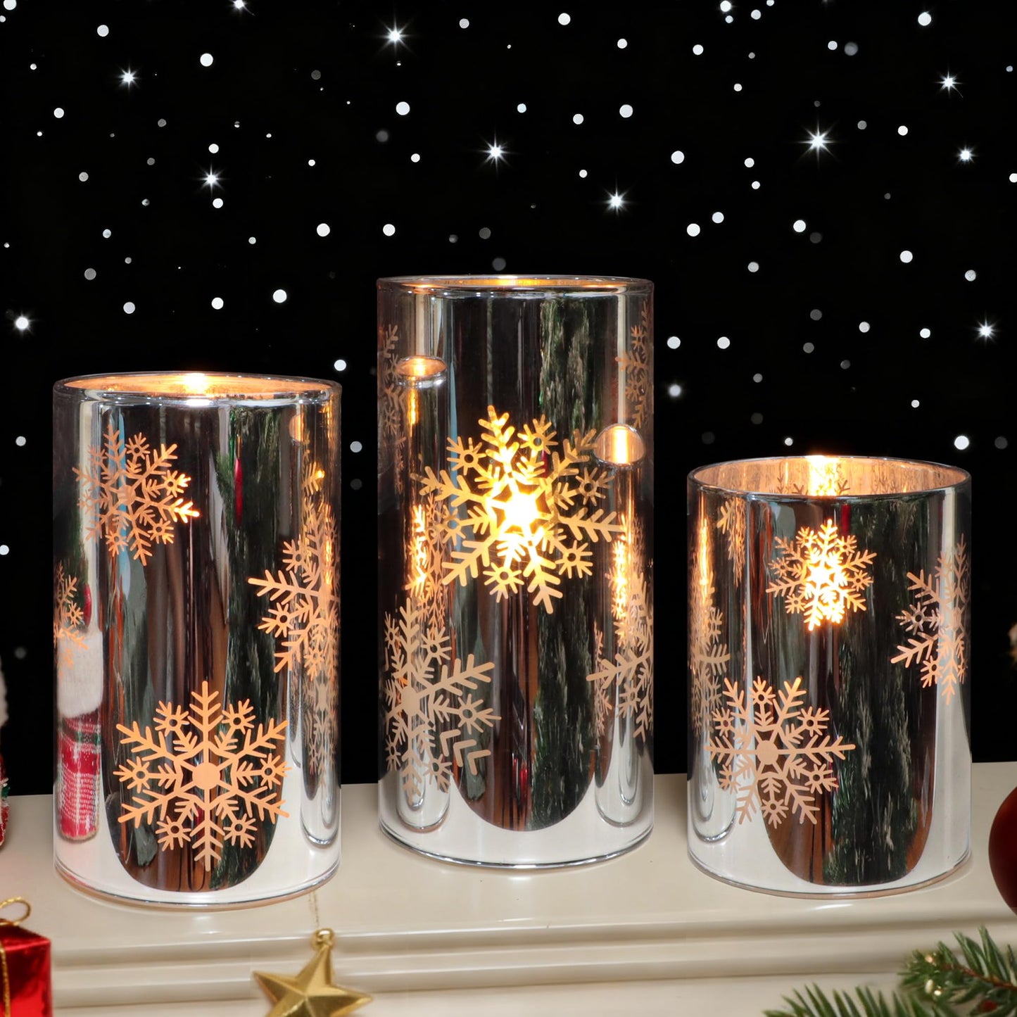 FLAVCHARM Snowflake LED Flameless Candles with Remote and Timer, Electroplate Glass Candles Operated by Battery, Christmas LED Flickering Candles Decoration for Bedroom, Party, Wedding
