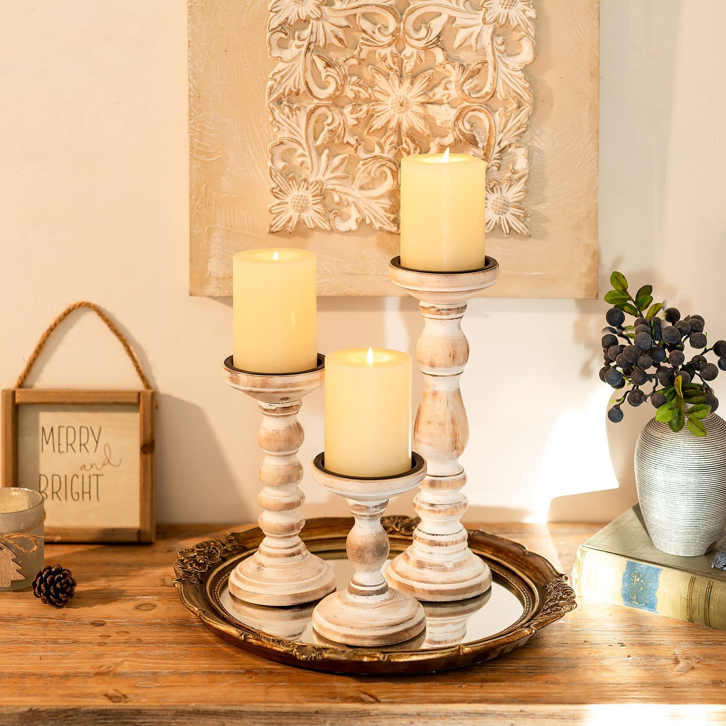 Wood Candle Holders for Pillar Candles - Tall Rustic Candle Holder (Set of 3), Large Farmhouse Candle Holders Candle Stand, Pillar Candle Holder Set for Table Centerpiece, Fireplace, Home, White