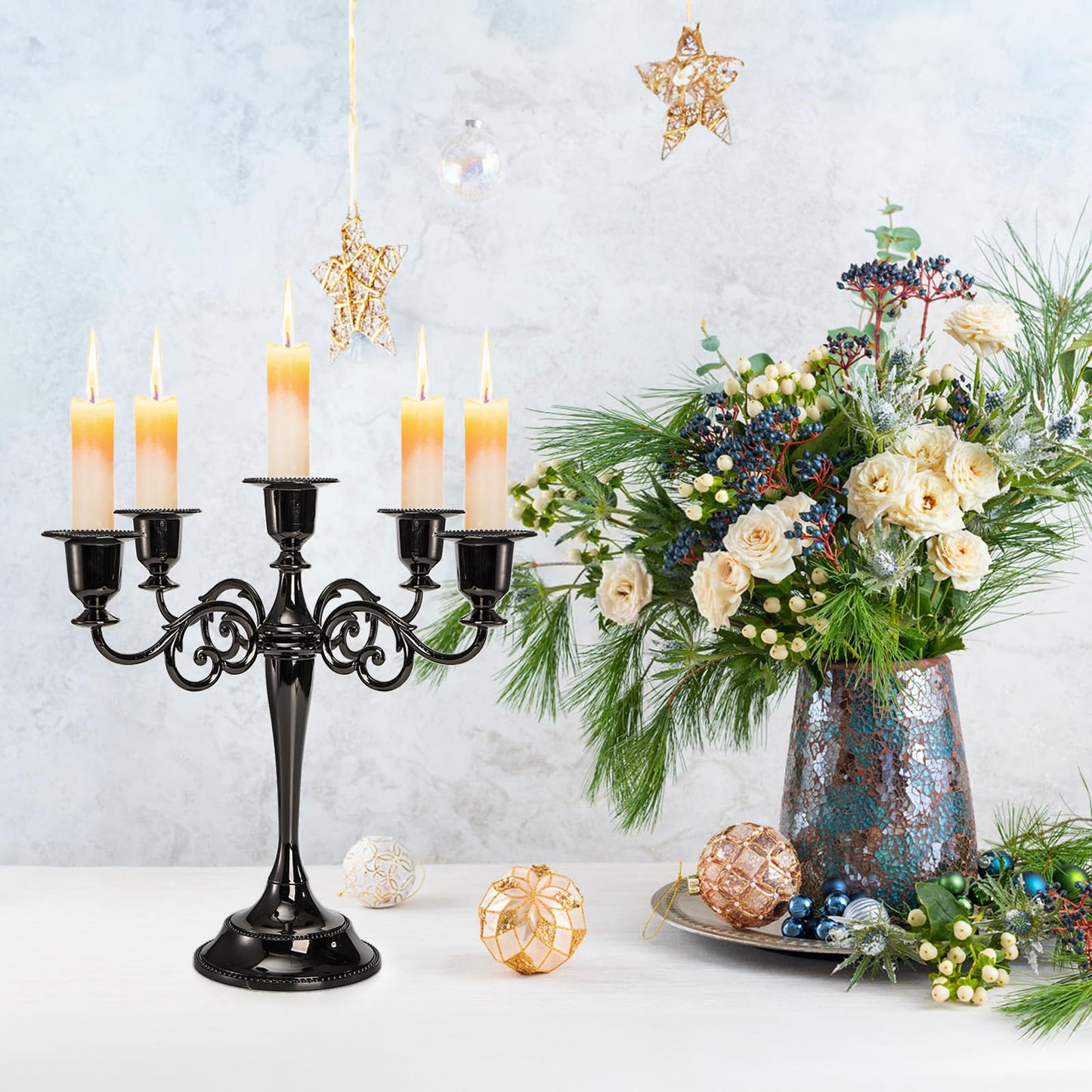 YOUEON 5 Arm Black Candelabra, Candelabra Candle Holder, 10 Inch Tall Candlesticks Holder, Elegant Taper Candle Holder Centerpiece for Wedding, Church, Halloween, Dining, Home Decor