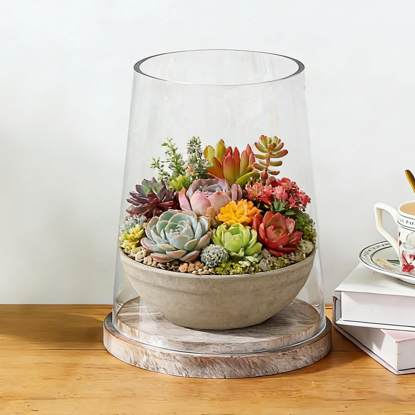 8" Wide Glass Hurricane Candle Holders with Handmade Sturdy Glass Sleeves and Distressed Brown Wood Base for Pillar Candle & Plants, Industrial, Farmhouse, Display Cloche Bell Jars, Table Centerpiece