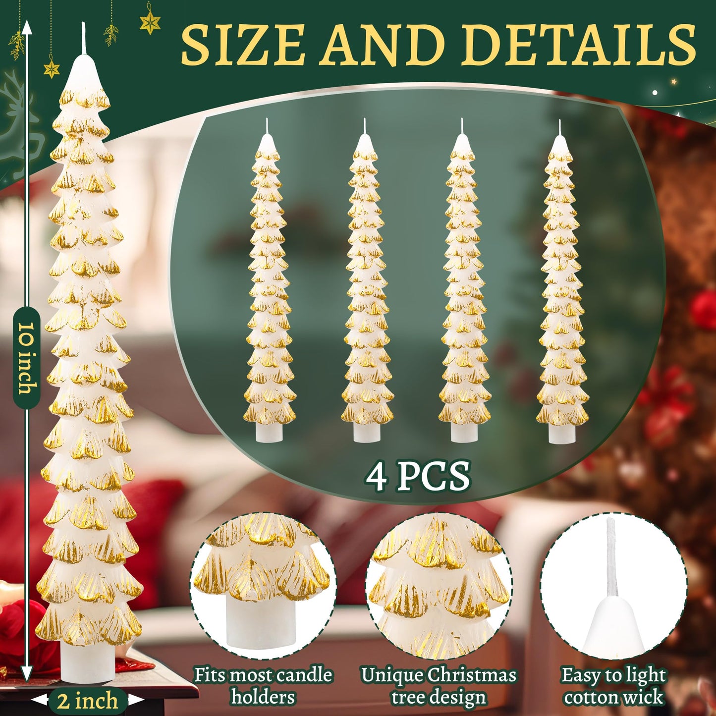 Ceoighe 4 Pack 10 Inch Christmas Tree Candles, Premium Natural Unscented Beeswax Christmas Tree Shaped Taper Candles with Cotton Wick, for Xmas Holiday Decor Party Banquet (White with Gold Trim)