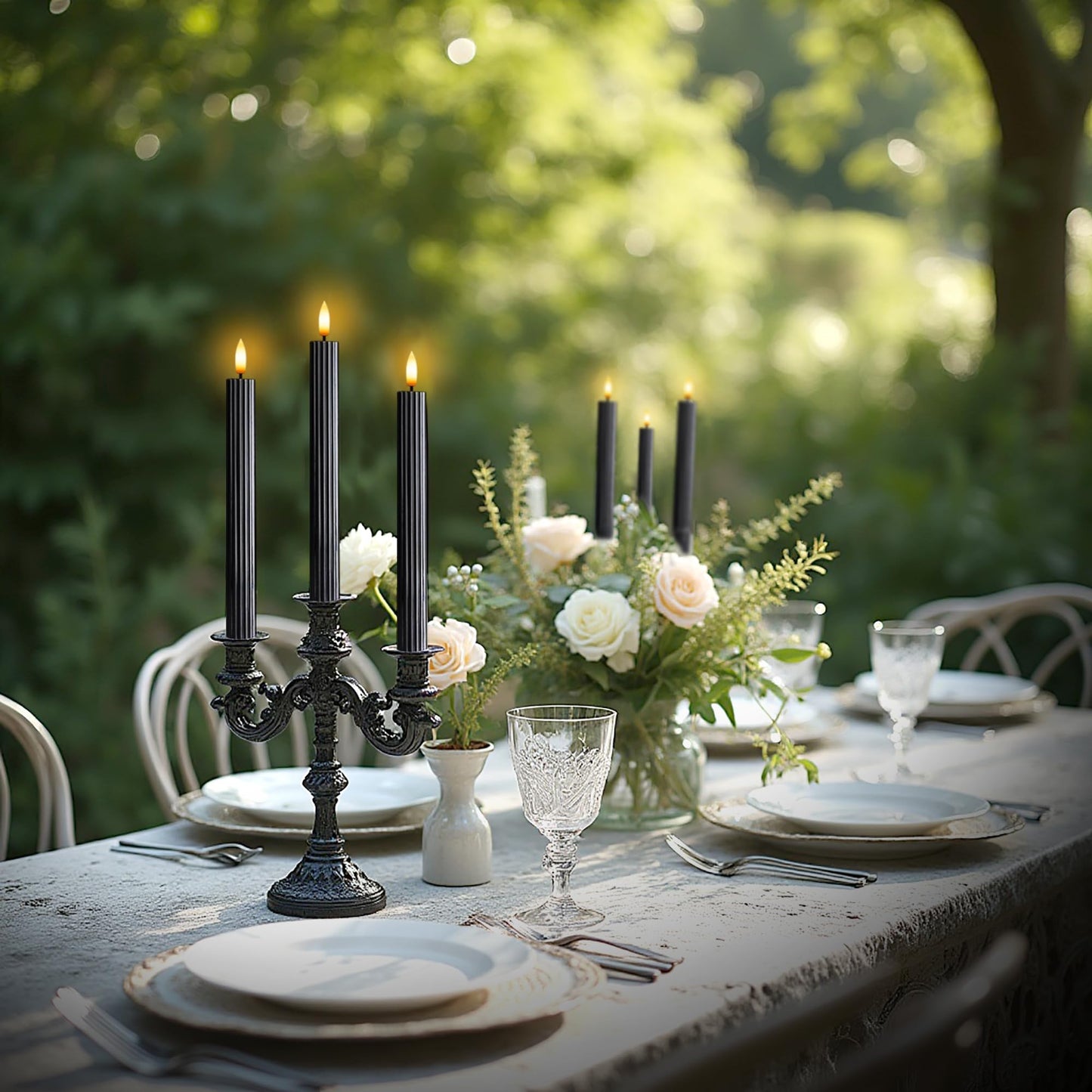West Ivory 12 Pack, 10" LED Flameless Black Fluted Ribbed Grooved Taper Candles, Remote & 24h Timer Memory, On/Off Button, Dimmable, Flicker Mode, Battery Operated, Christmas Menorah Wedding