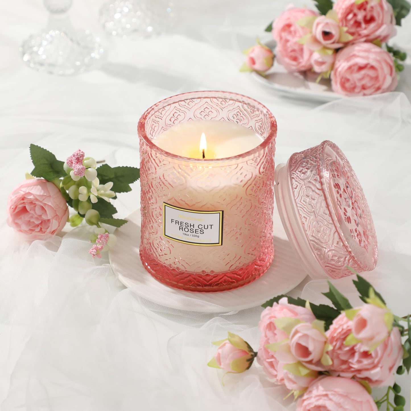 Rose Scented Candles,Pink Candles Gifts for Women, Valentine Luxury Large Decorative Candle in Glass, 19oz Natural Soy Wax for Home