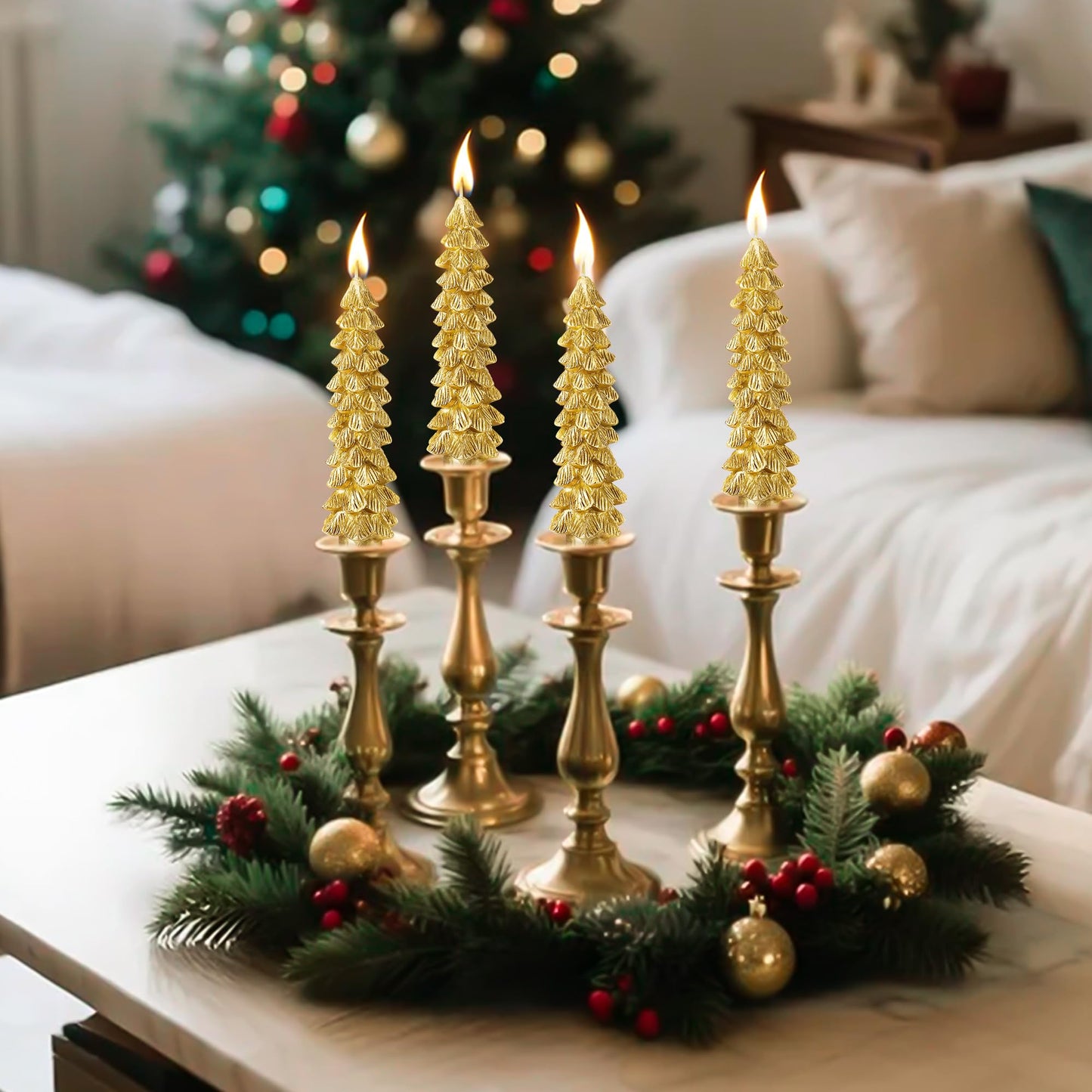 Ceoighe 2 Pack Christmas Tree Candles, 5 Inch Unscented Tree Shaped Taper Beeswax Candles for Christmas Holiday Decor Table Centerpiece Display Party Banquet Gift (Gold)