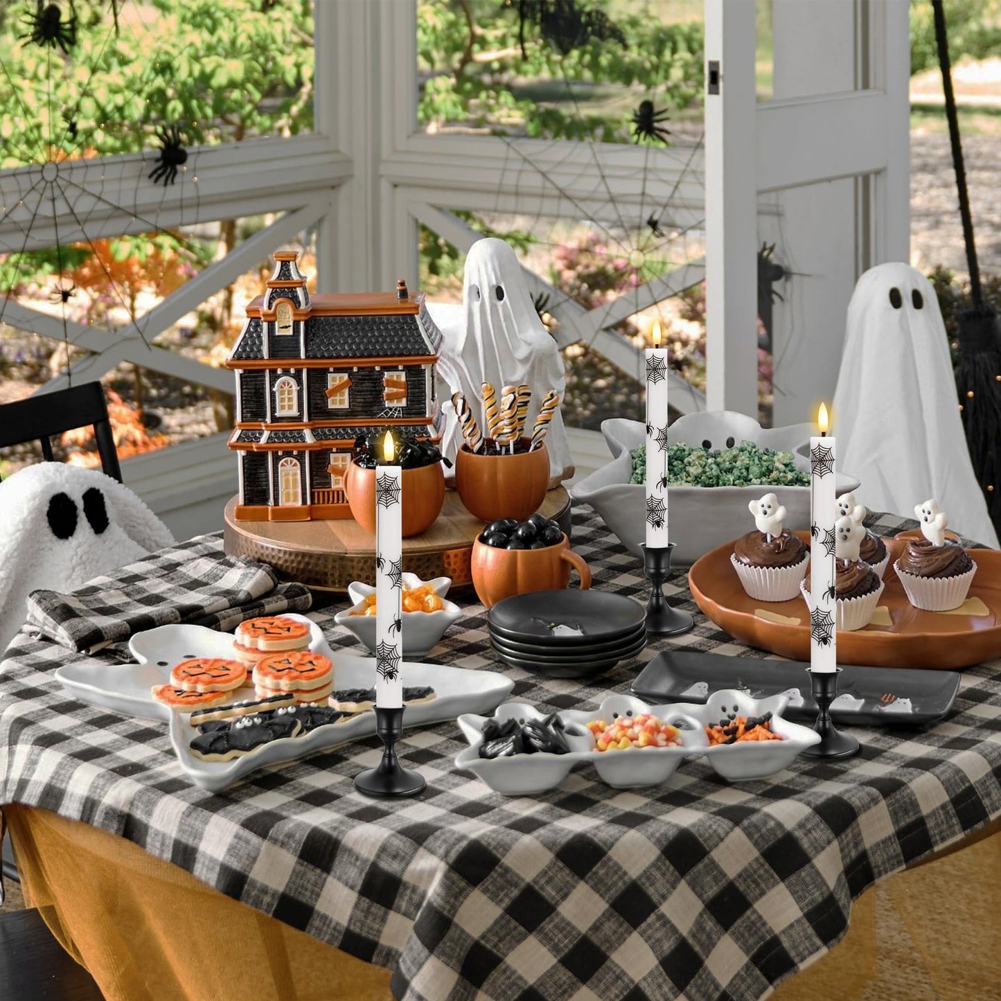 SEHNSY Halloween Flameless Taper Candles with Remote and Timer, 4 Pack Spider and Web Battery Operated LED Flickering Real Wax Candles, Spooky Decor for Halloween Table and Mantel