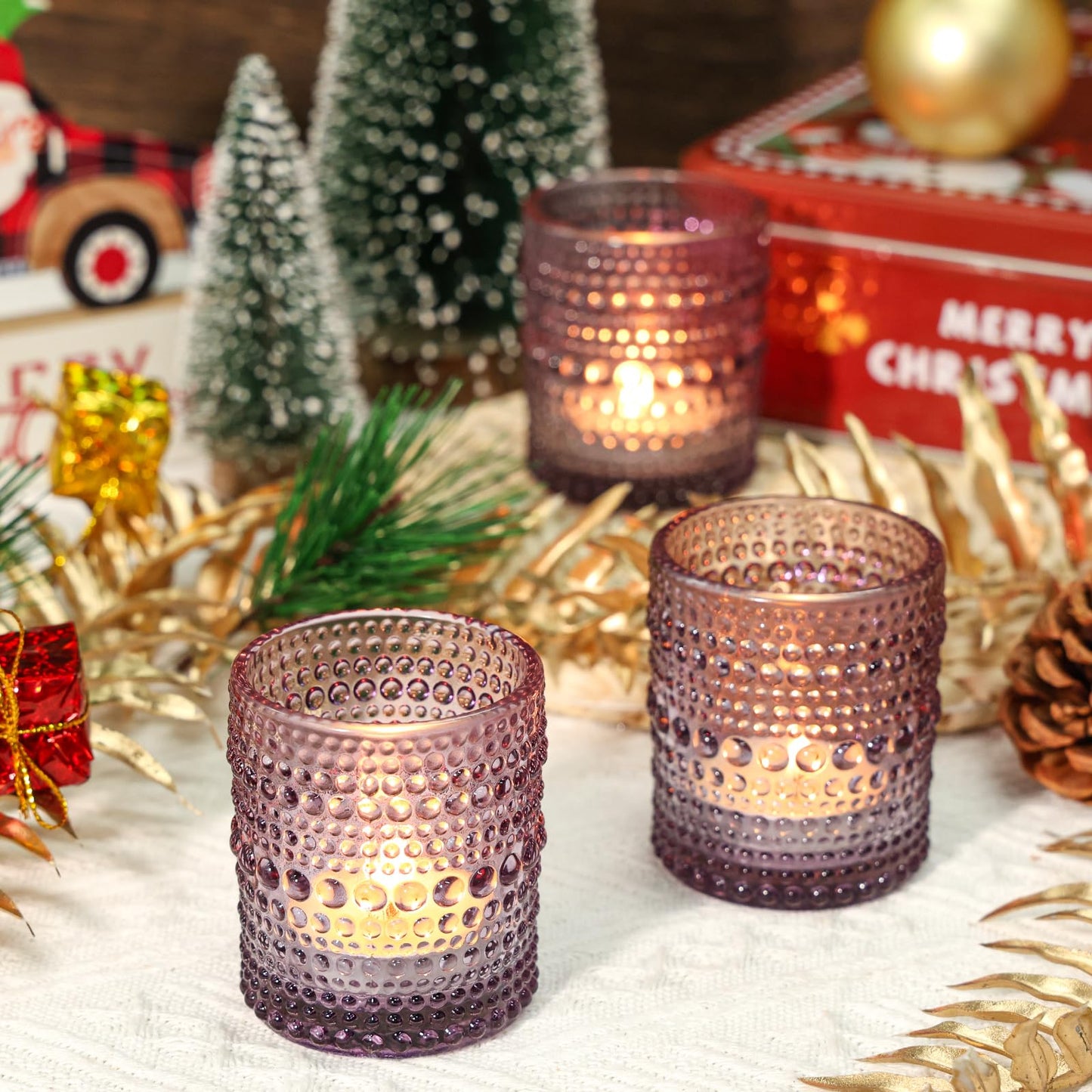 SUPMIND 24 Pcs Votive Candle Holders, Glass Holders Bulk for Table Centerpiece, Tea Lights Candle Holders for Wedding Shower, Party and Home Decor Purple