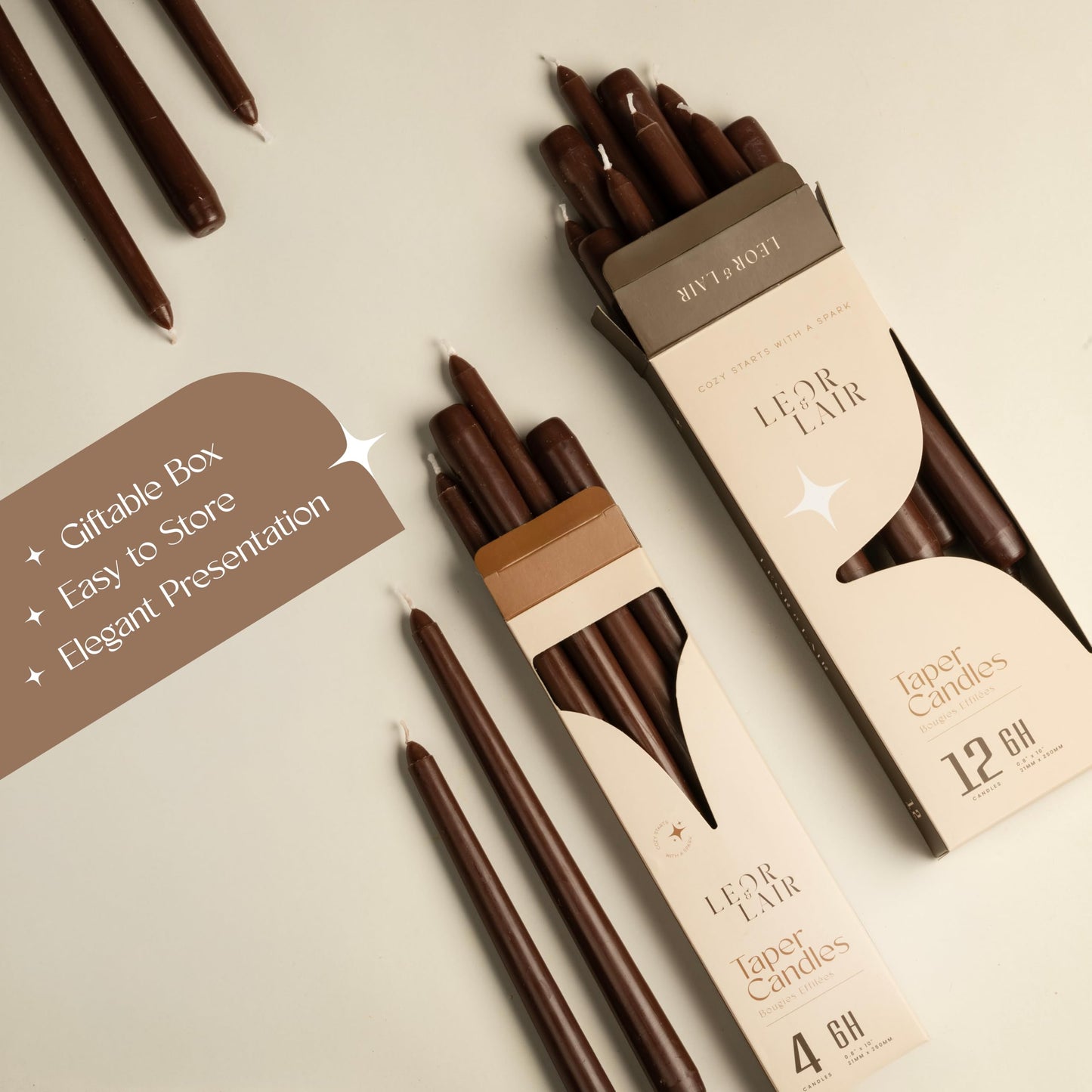 Leor & Lair Brown Taper Candles - 12 Pack 10" Brown Candlesticks - Unscented Long Burning Candle Sticks for Farmhouse Decor, Dinner Table, Holidays, Fall Weddings & Events