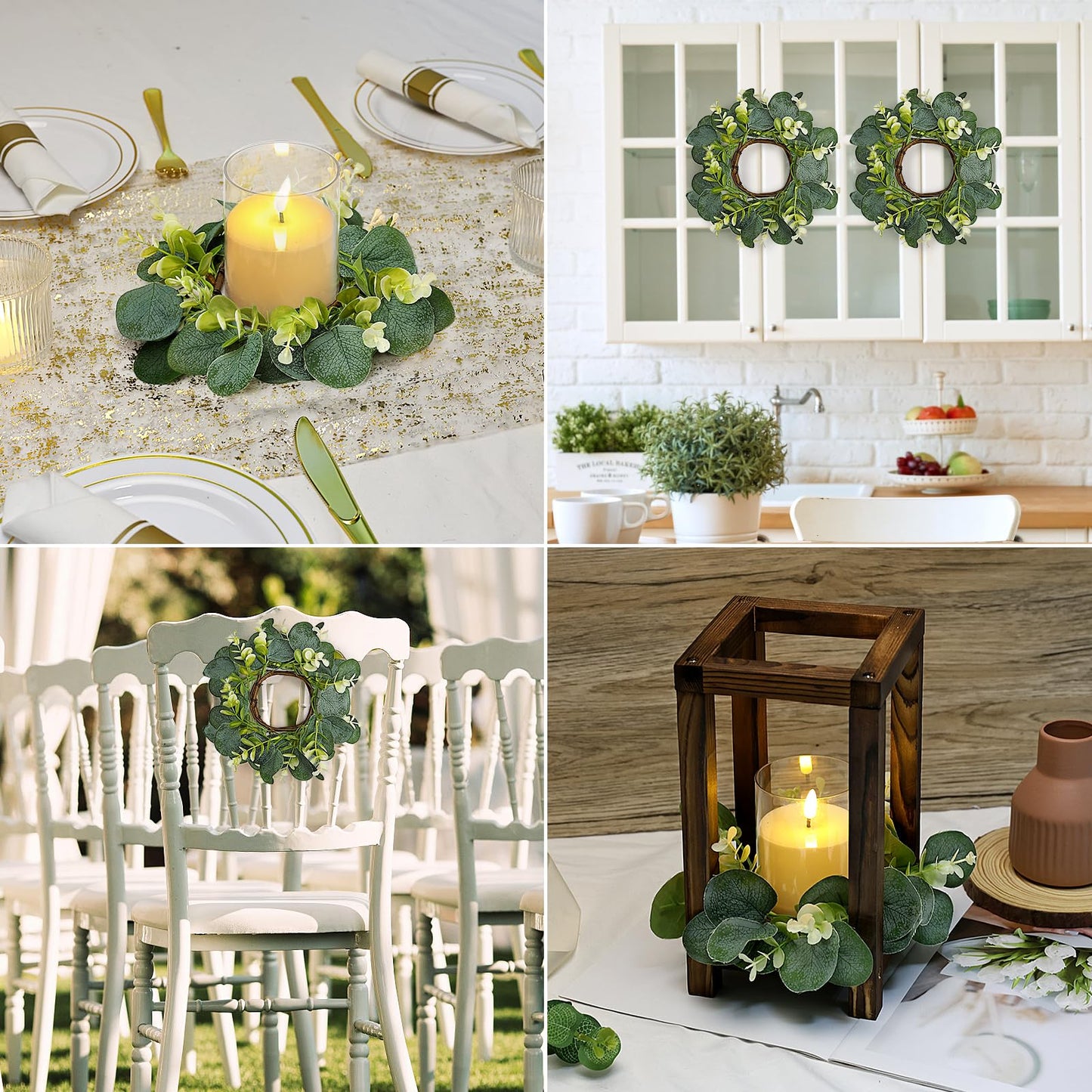 Tobilu 20 PCS Eucalyptus Candle Rings Wreaths - Artificial Greenery Wreath Green Leaves Pillar Candle Holder for Tabletop Wall Farmhouse Wedding Table Centerpieces Kitchen Home Decor