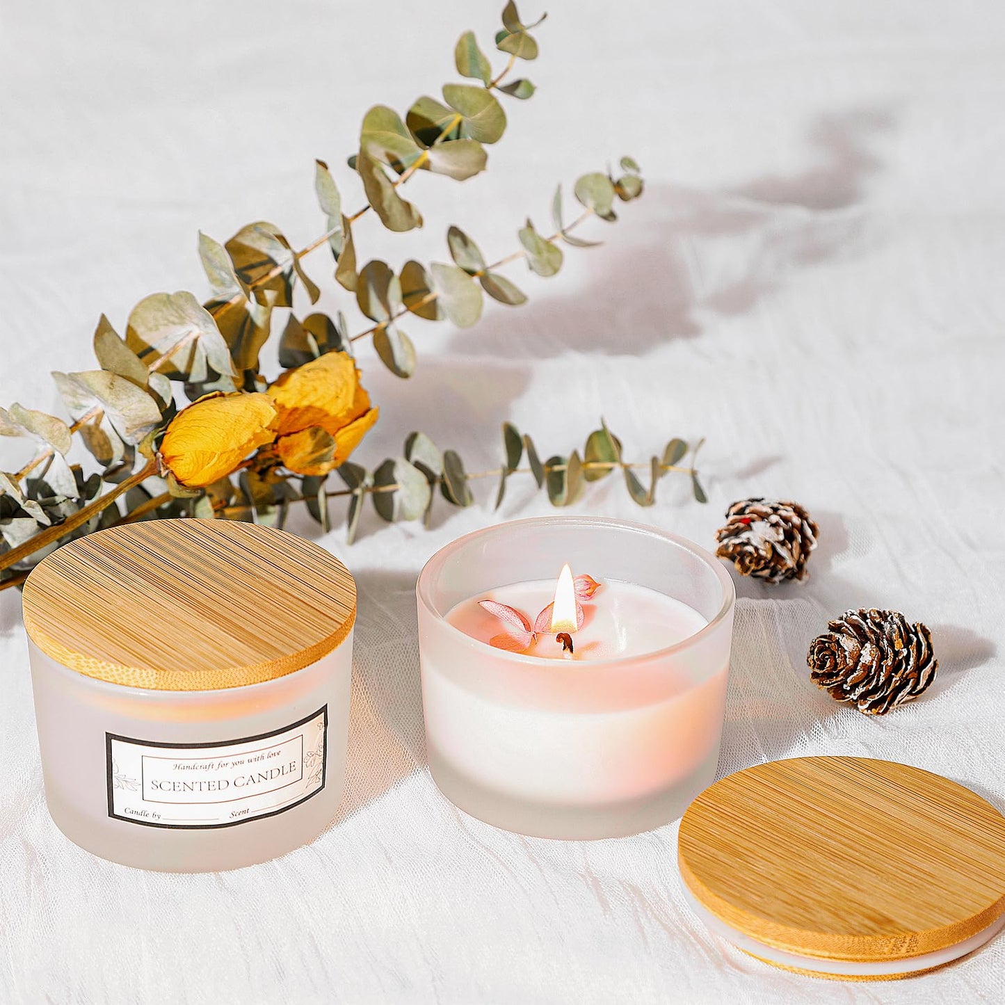 CONNOO 15 Pack 4 OZ Frosted Glass Candle Jars with Airtight Bamboo Lids for Making Candles, Bulk Small Wide Mouth Empty Candle Containers with Sticky Warning Labels - Dishwasher Safe