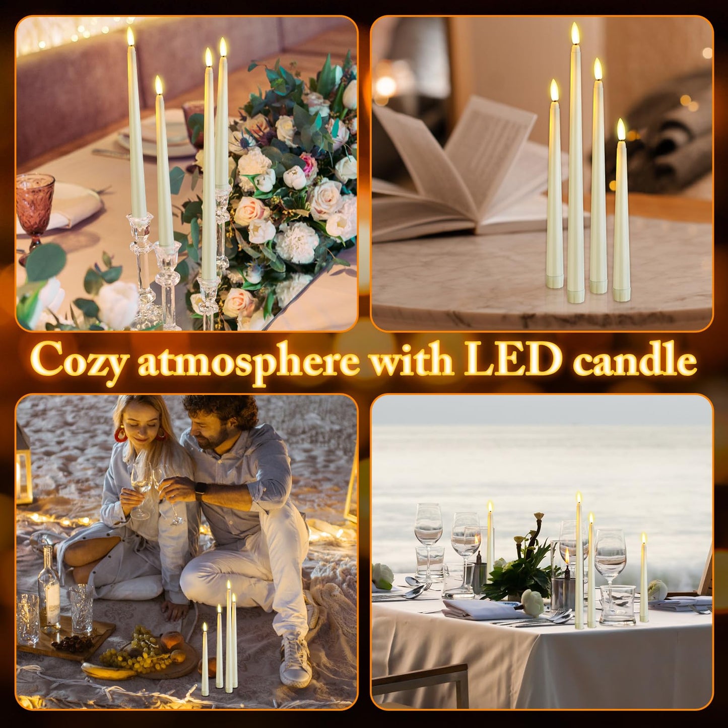 Rossesay 48 Pcs Flameless LED Taper Candles Battery Operated Candles 4 Sizes of 8.5'', 9.65'', 10.83'', 12.8'' Flameless Candlesticks Flickering for Halloween Christmas Church Wedding(Ivory)